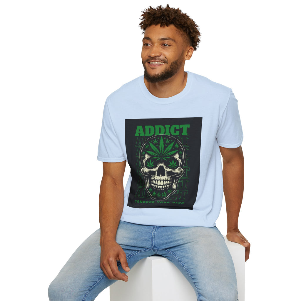 T‑Shirt — "Addict" Skull with Cannabis Leaf Graphic