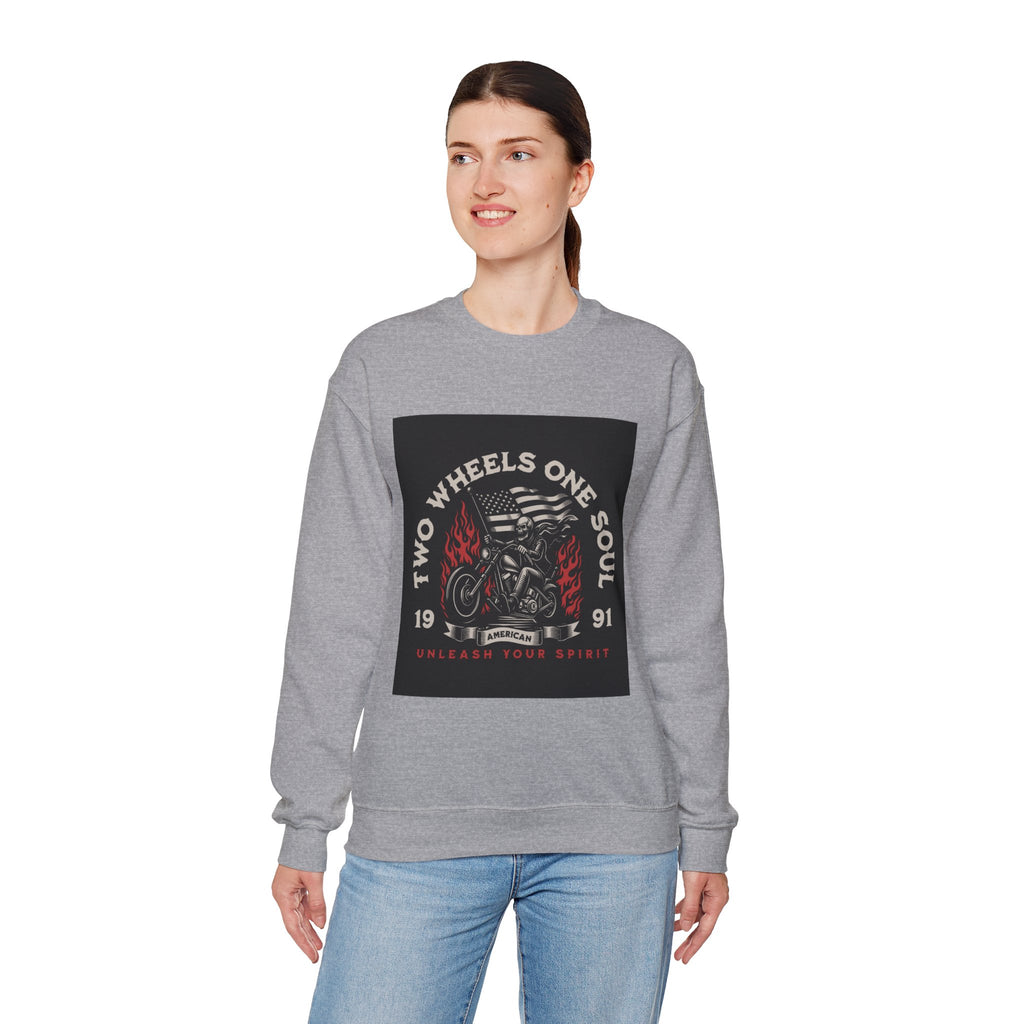 Motorcycle Crewneck Sweatshirt - "Two Wheels One Soul" Vintage Bike Graphic