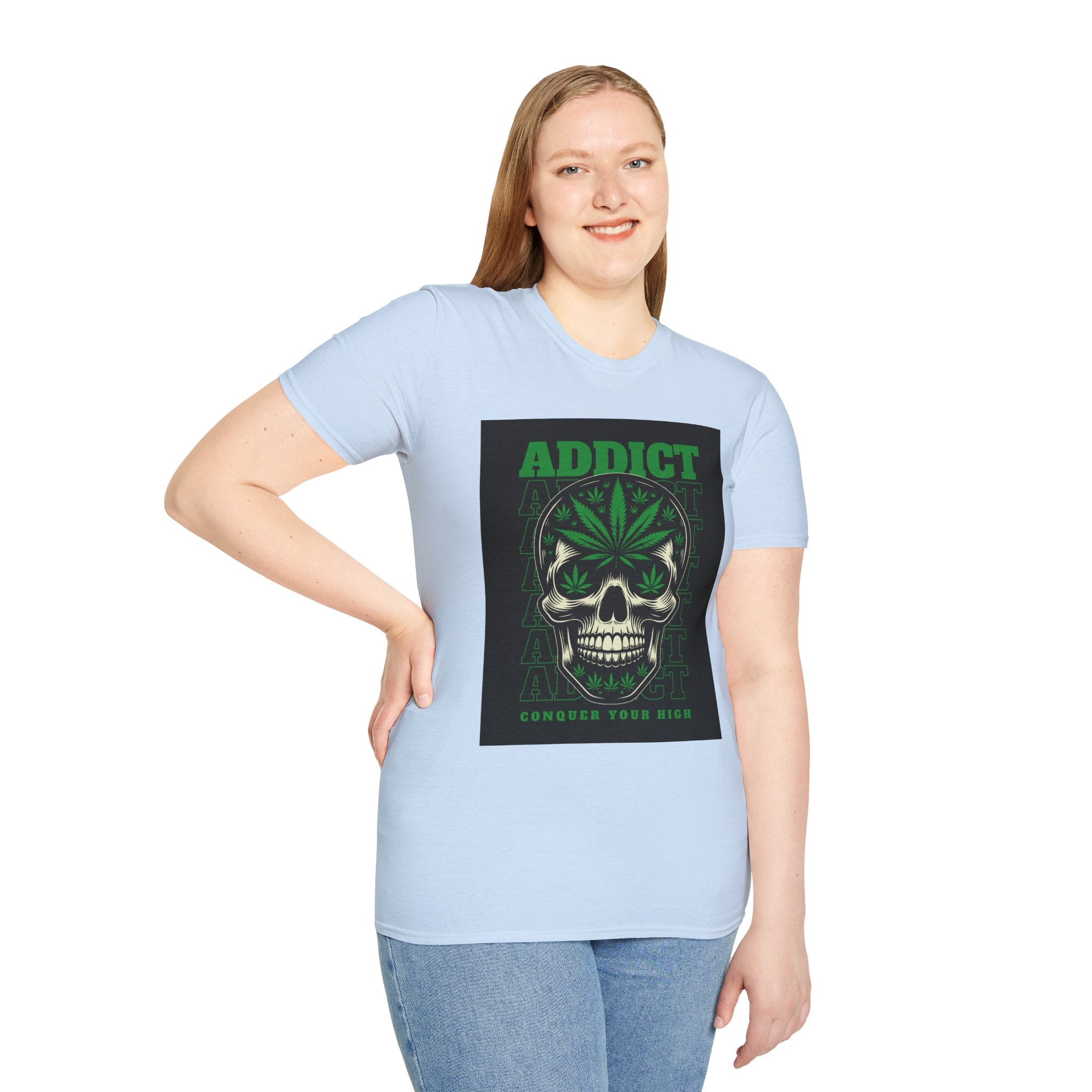 T‑Shirt — "Addict" Skull with Cannabis Leaf Graphic
