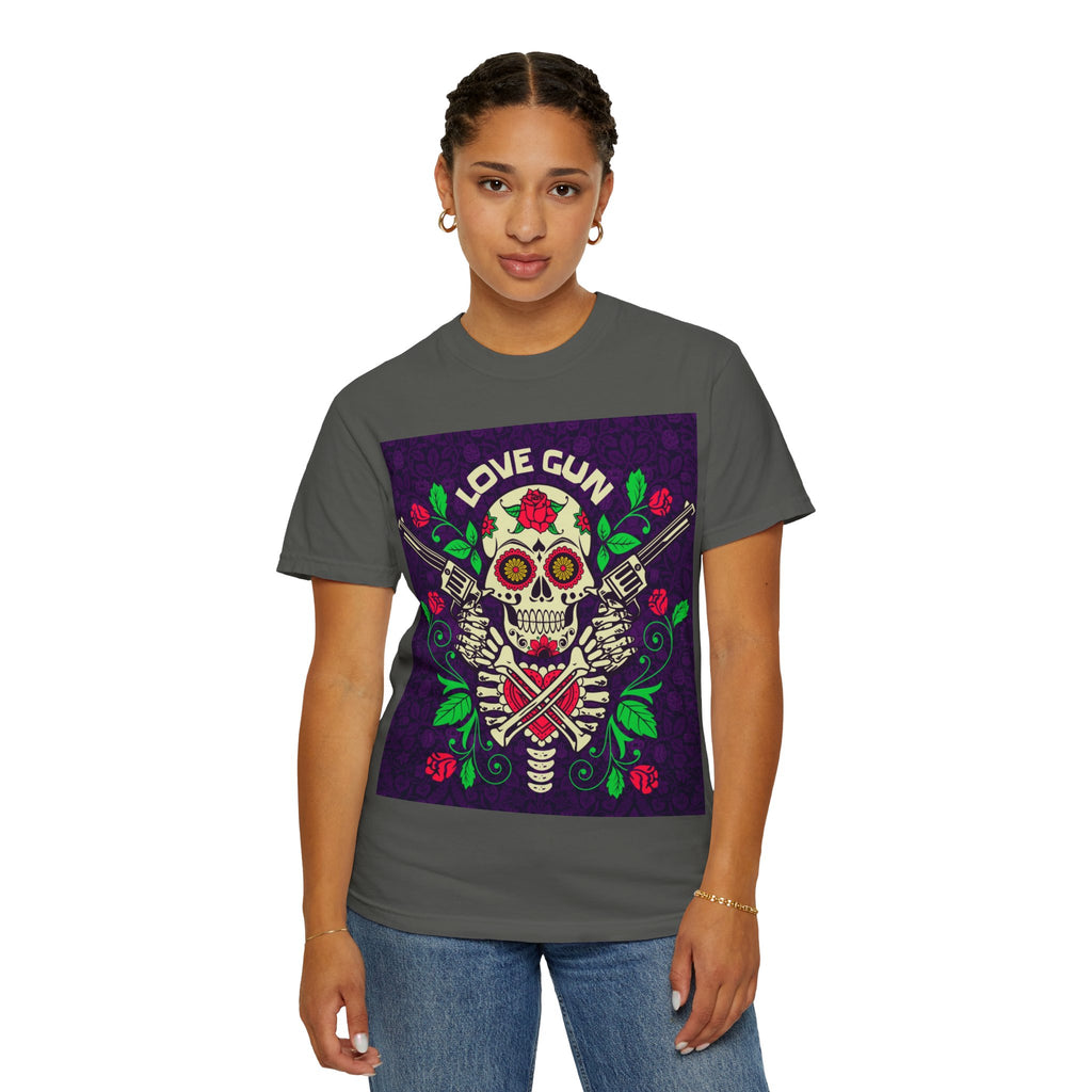 Love Gun Skull T‑Shirt — Day of the Dead Floral Graphic Tee