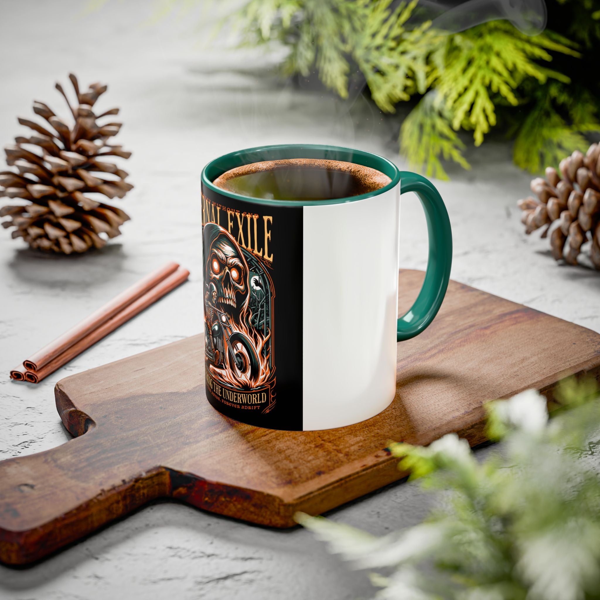 Eternal Exile Skull Biker Mug — Gothic Motorcycle Coffee Cup (11oz/15oz)