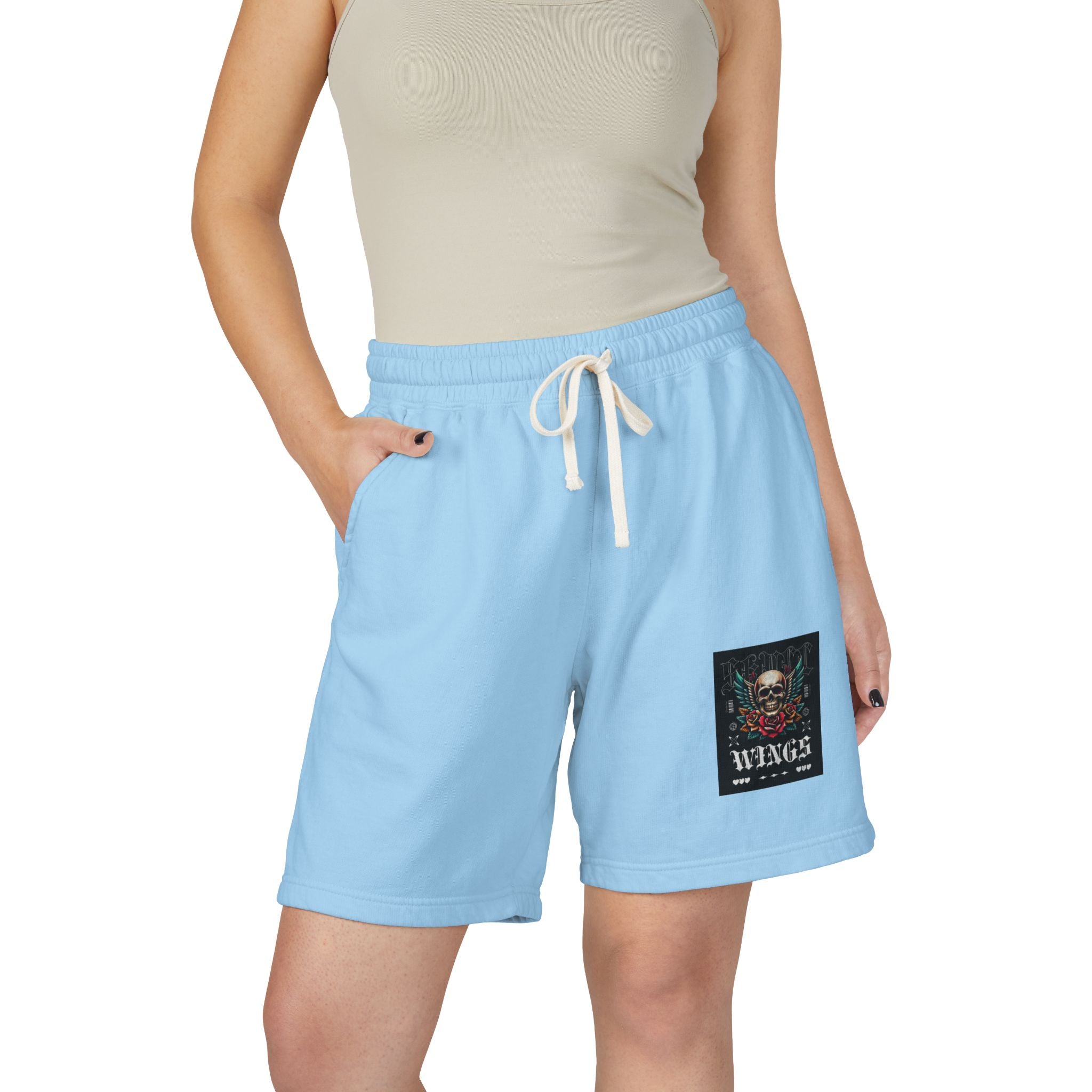 Skull & Wings Fleece Sweat Shorts — Lightweight Garment-Dyed Lounge Shorts