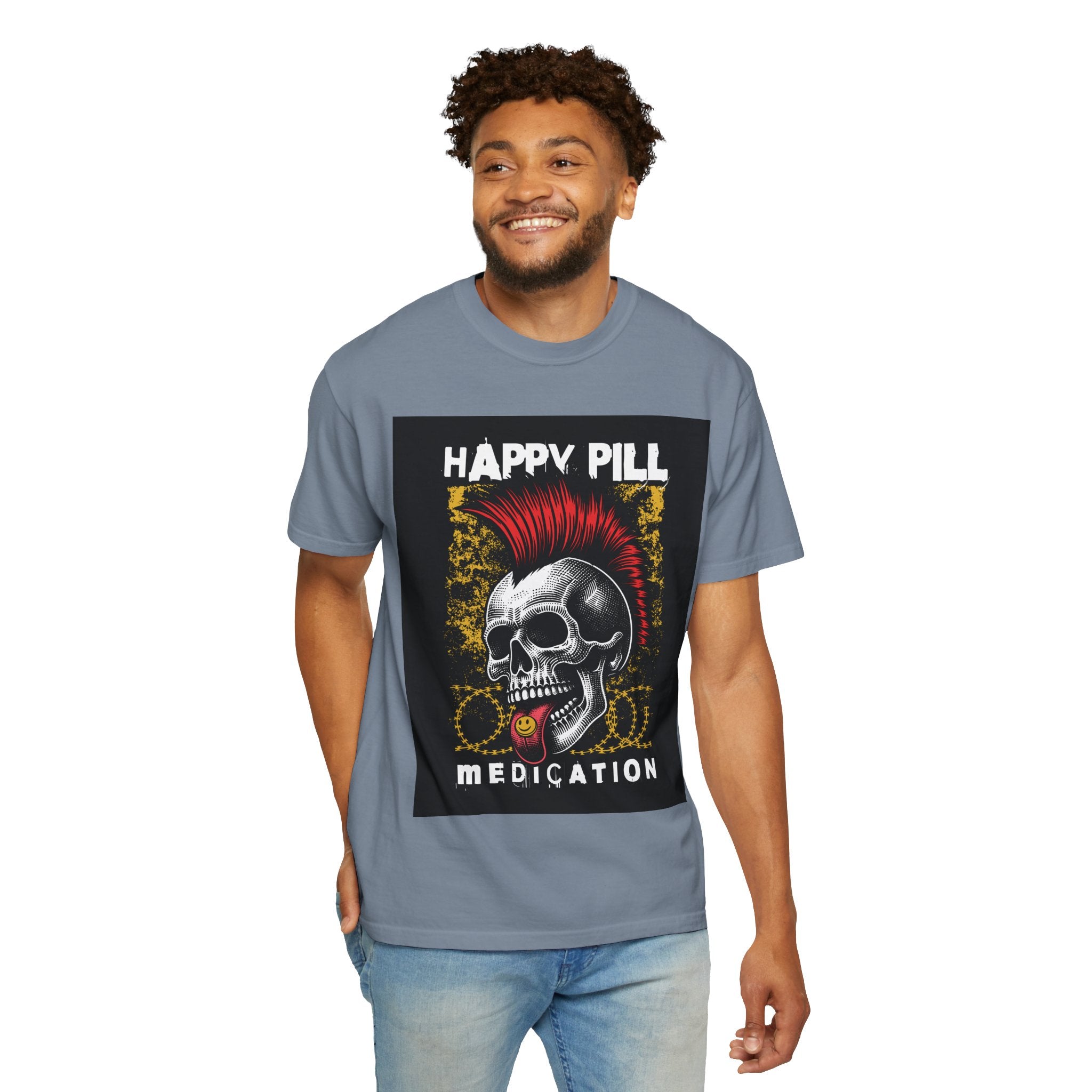 Happy Pill Punk Skull T-Shirt — 'Happy Pill Medication' Graphic Tee