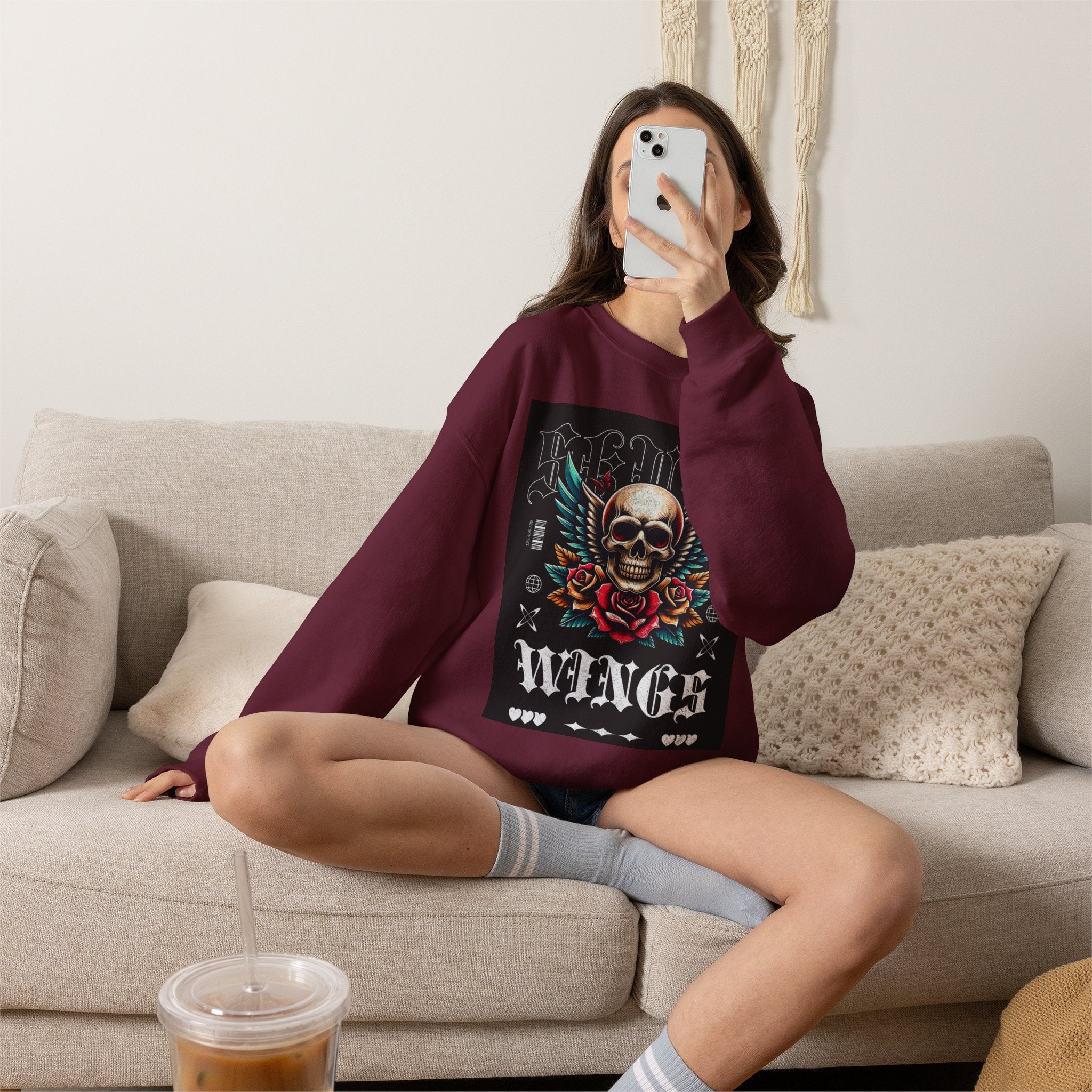 Skull Wings Crewneck Sweatshirt — Vintage Tattoo Skull with Rose Graphic