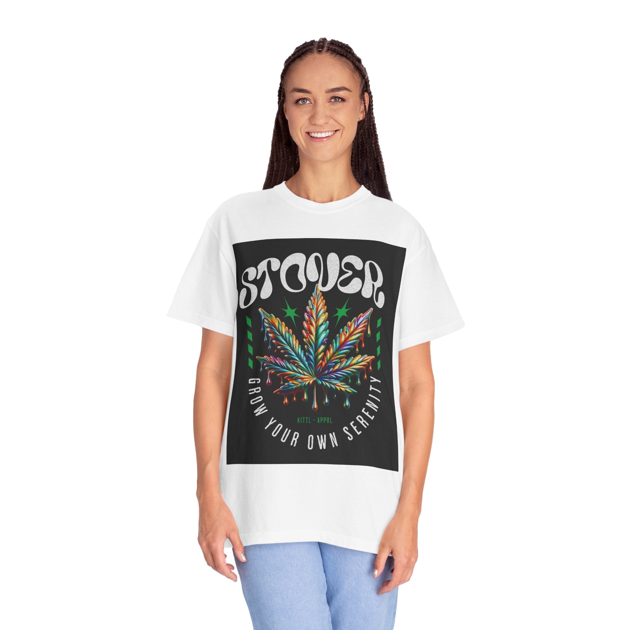 T-Shirt — Stover "Grow Your Own Serenity" Colorful Cannabis Leaf Graphic