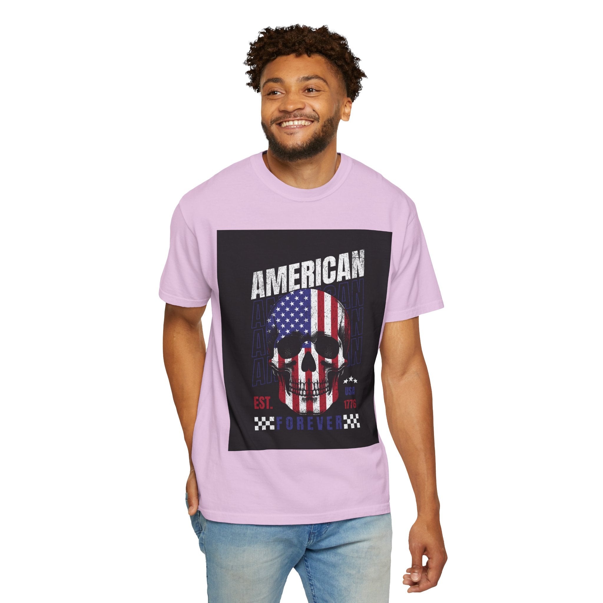 American Skull Flag T-Shirt — "American Forever" Patriotic Graphic Tee