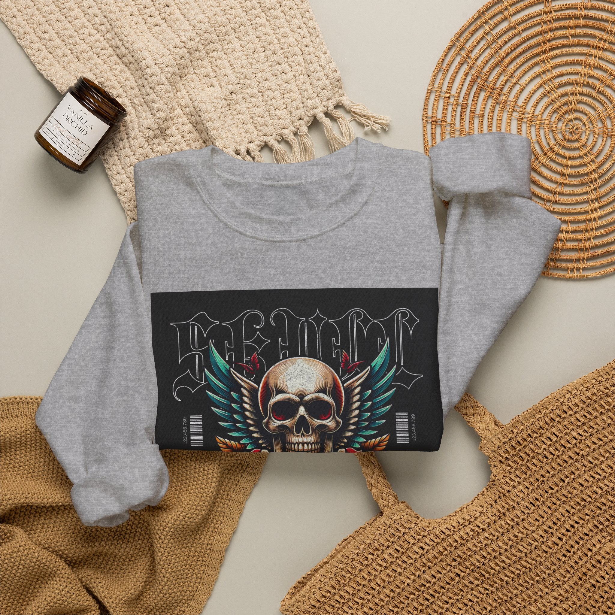 Skull Wings Crewneck Sweatshirt — Vintage Tattoo Skull with Rose Graphic