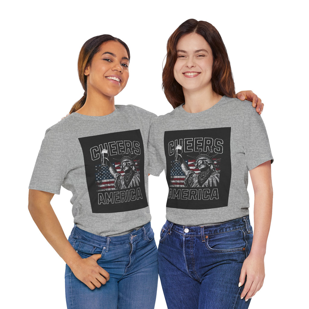 Cheers America T-Shirt — Statue of Liberty Holding Beer & Flag Patriotic Tee