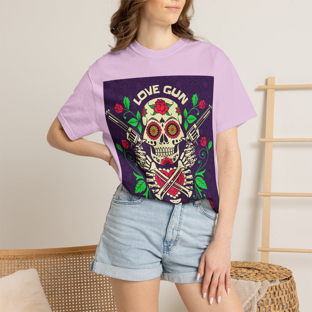 Love Gun Skull T‑Shirt — Day of the Dead Floral Graphic Tee
