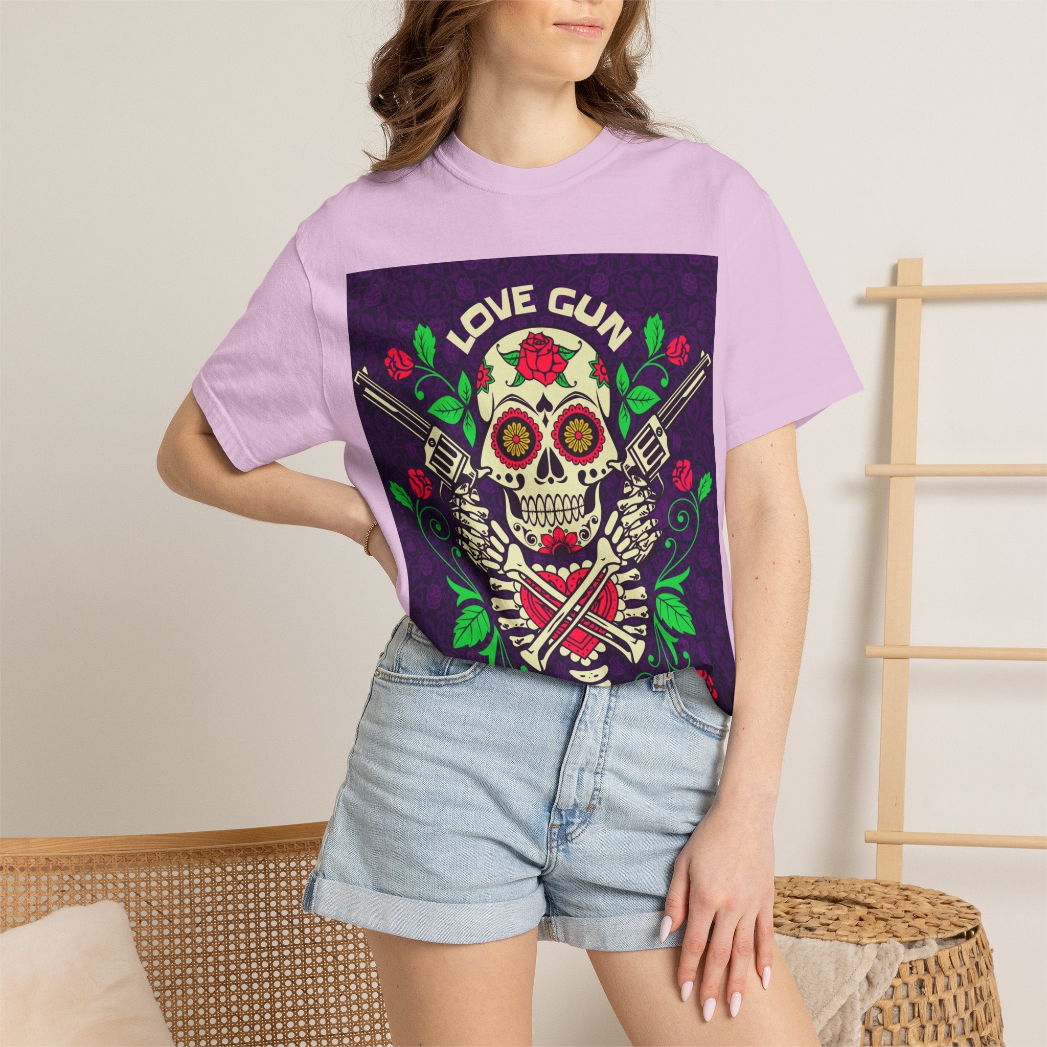 Love Gun Skull T‑Shirt — Day of the Dead Floral Graphic Tee