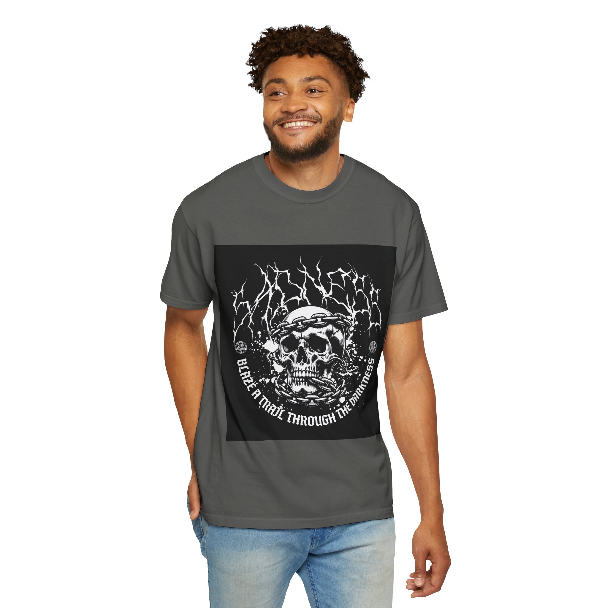 Graphic T-Shirt — 'Break a Path Through the Darkness' Skull Lightning Design