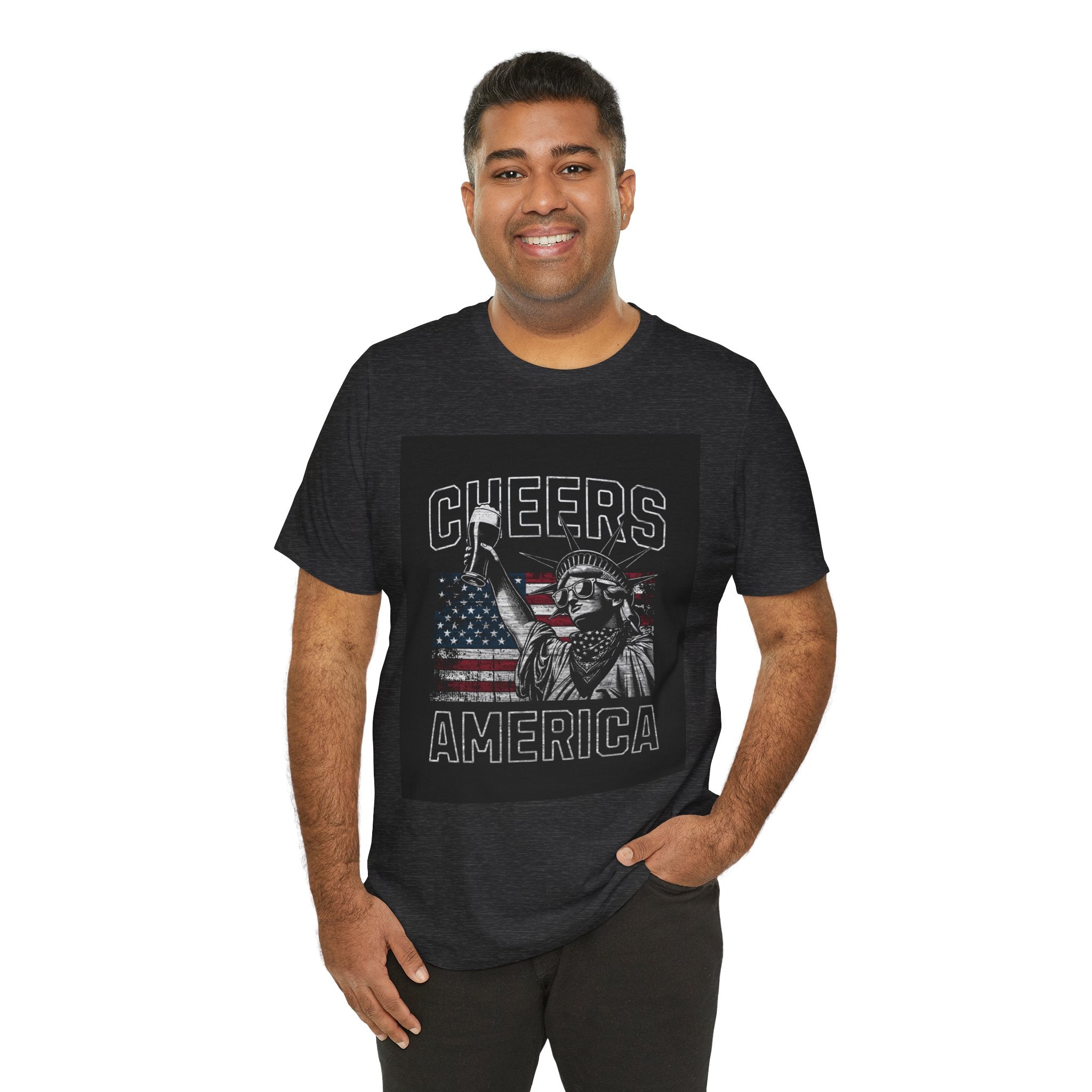 Cheers America T-Shirt — Statue of Liberty Holding Beer & Flag Patriotic Tee