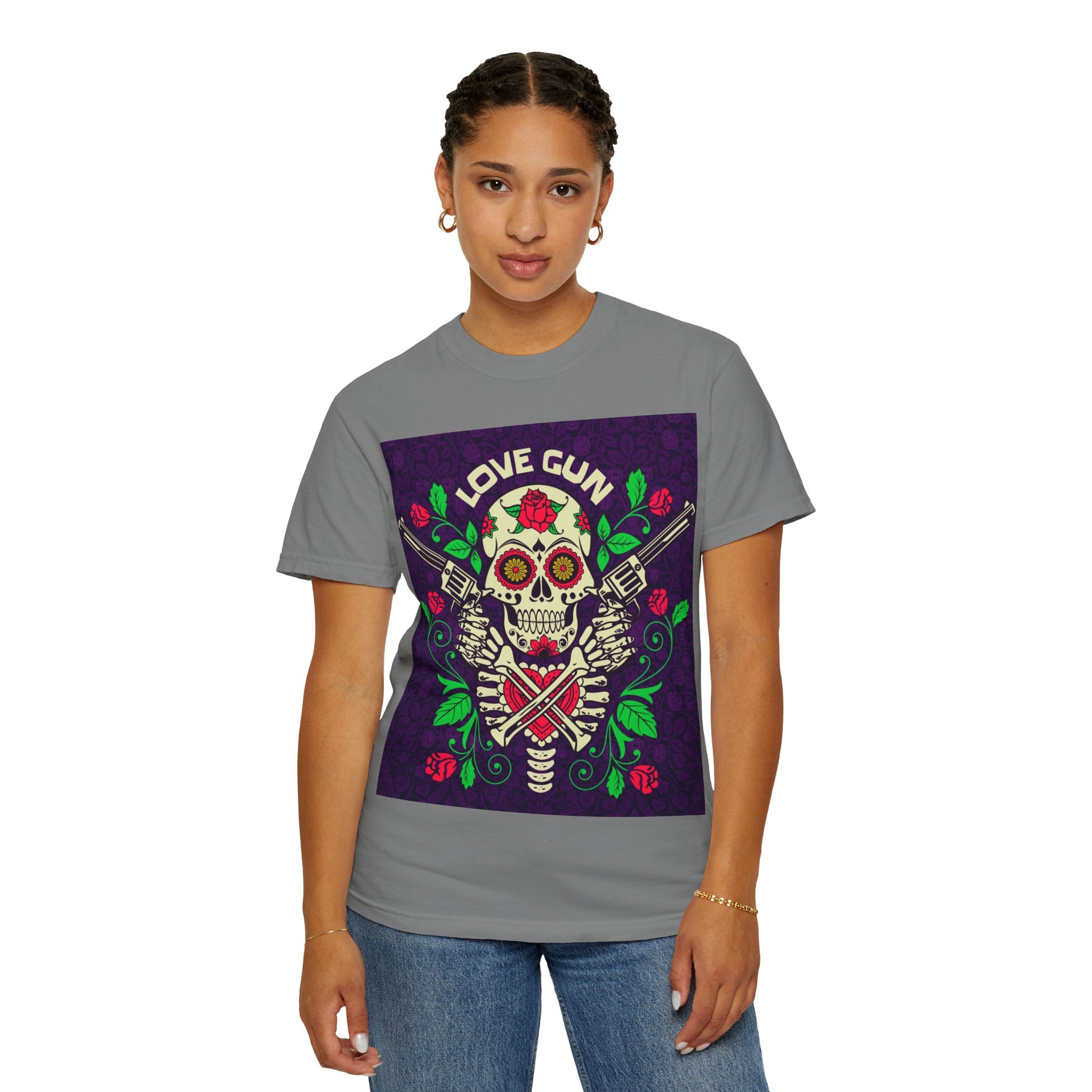 Love Gun Skull T‑Shirt — Day of the Dead Floral Graphic Tee