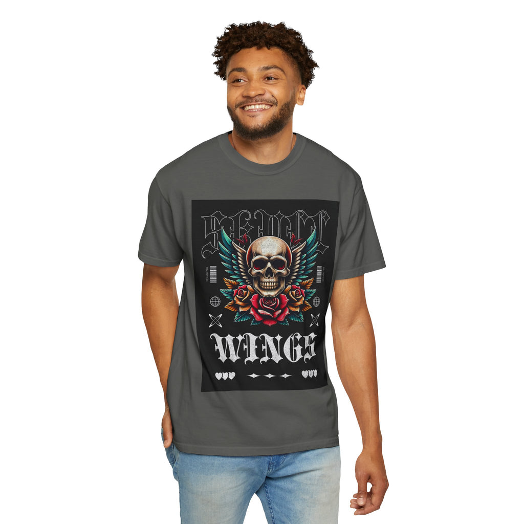 Skull Wings Graphic T-Shirt — Vintage Rock Tattoo Style with Roses
