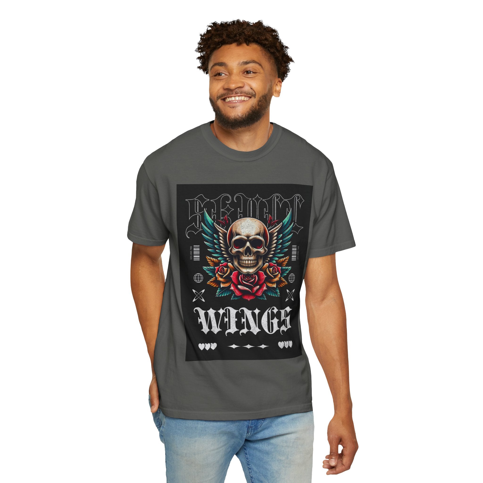 Skull Wings Graphic T-Shirt — Vintage Rock Tattoo Style with Roses