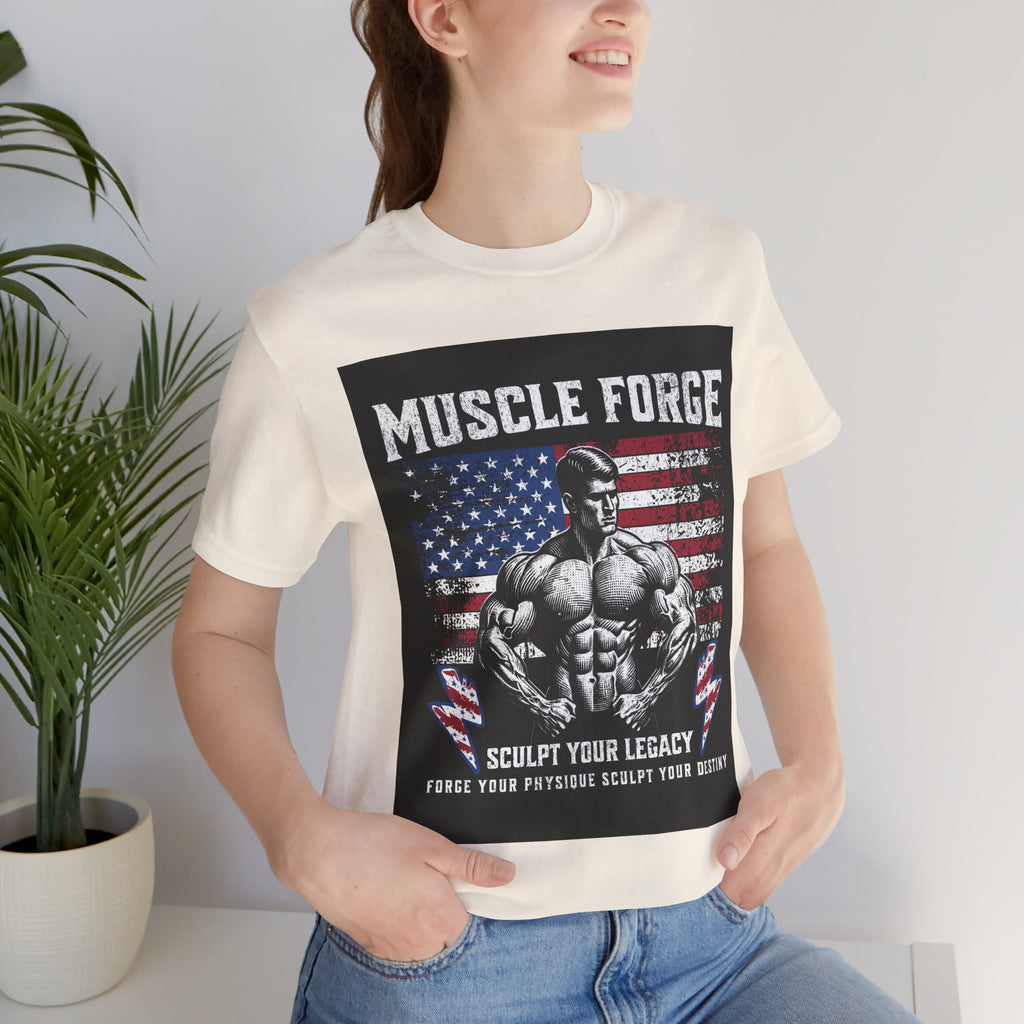 Muscle Forge American Flag Gym Tee — "Sculpt Your Legacy" Fitness T-Shirt
