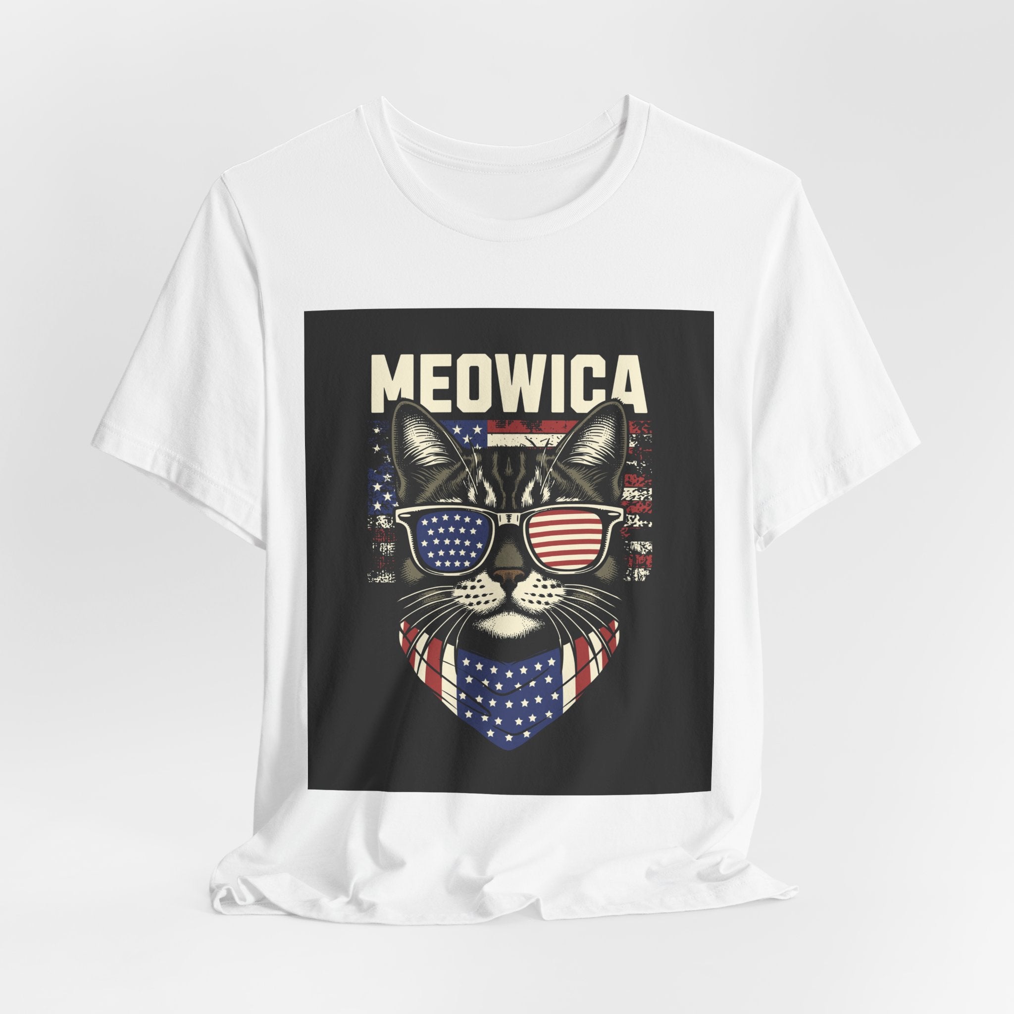 Meowica Cat Tee — Patriotic USA Flag Sunglasses Graphic T-Shirt