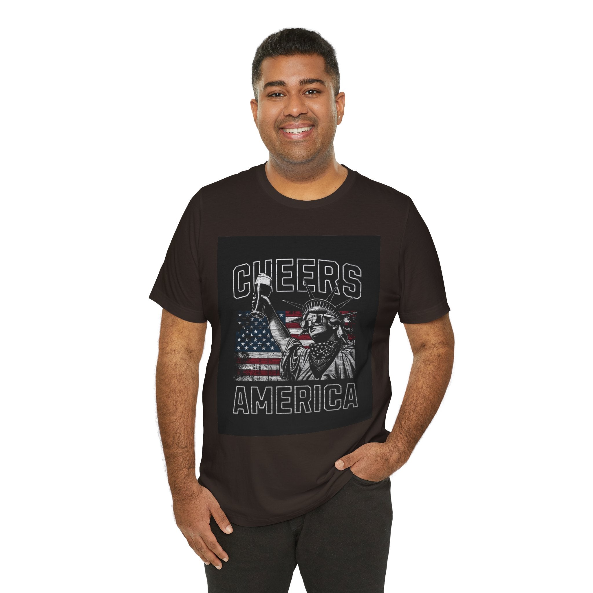 Cheers America T-Shirt — Statue of Liberty Holding Beer & Flag Patriotic Tee