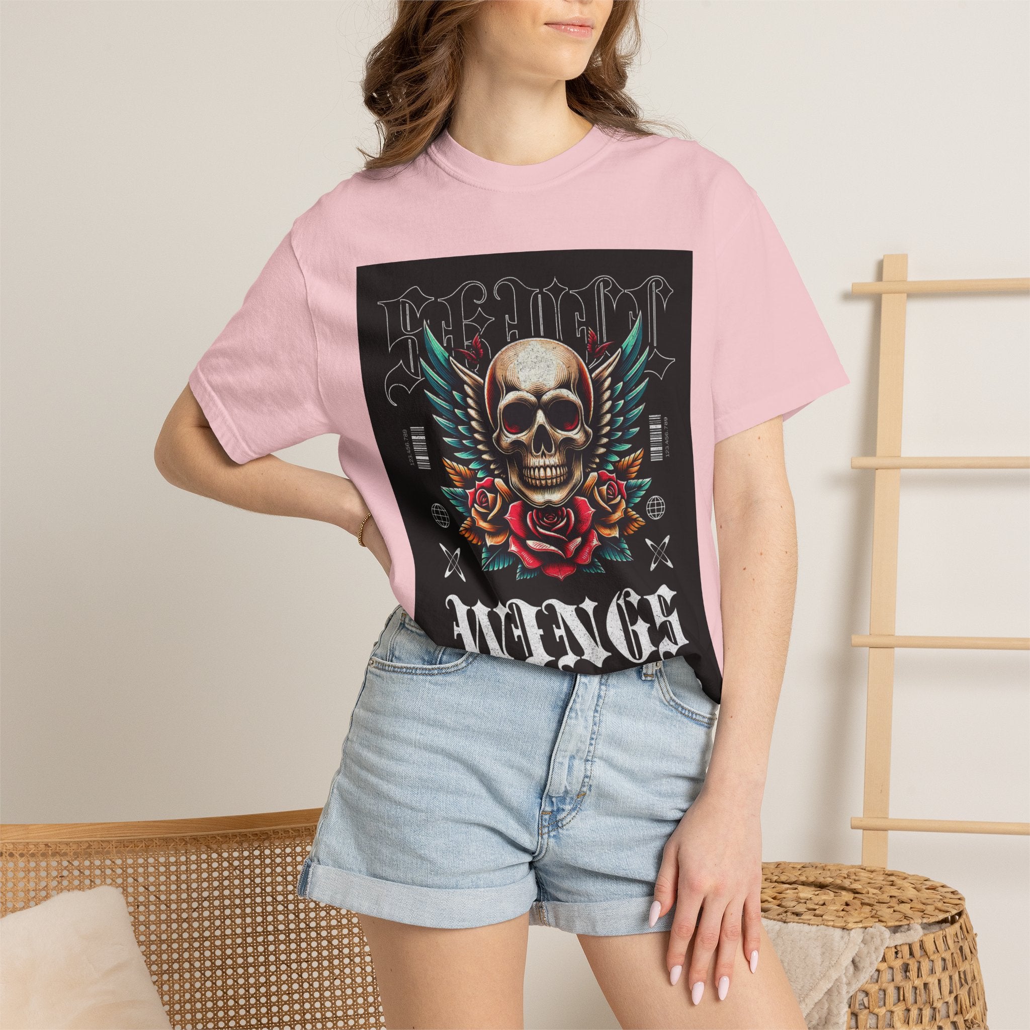 Skull Wings Graphic T-Shirt — Vintage Rock Tattoo Style with Roses