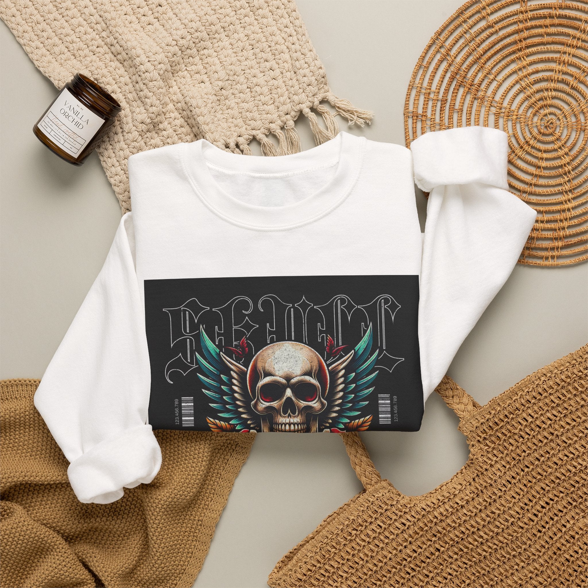 Skull Wings Crewneck Sweatshirt — Vintage Tattoo Skull with Rose Graphic