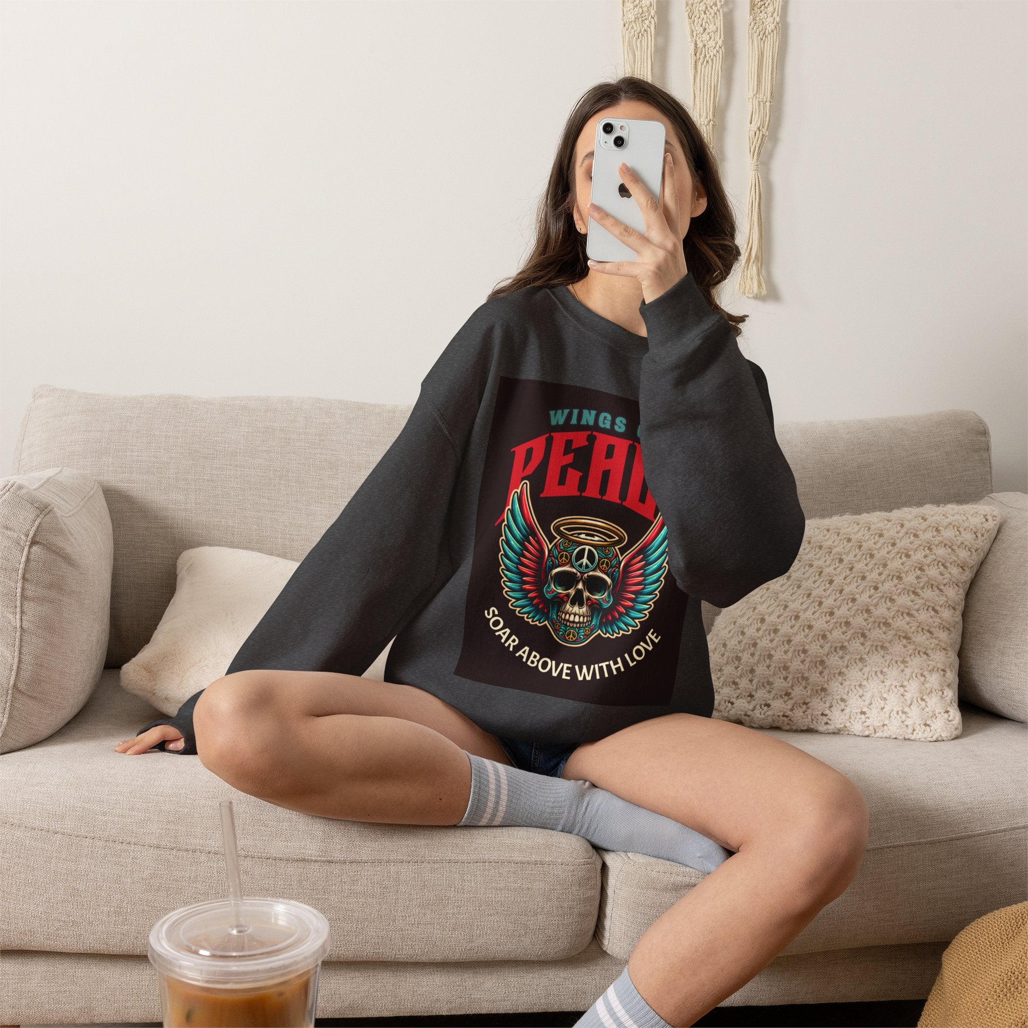 Wings of Peace Skull Crewneck Sweatshirt — Soar Above With Love Graphic