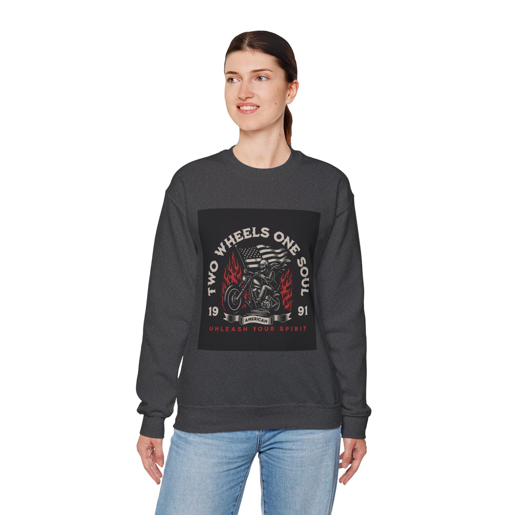 Motorcycle Crewneck Sweatshirt - "Two Wheels One Soul" Vintage Bike Graphic