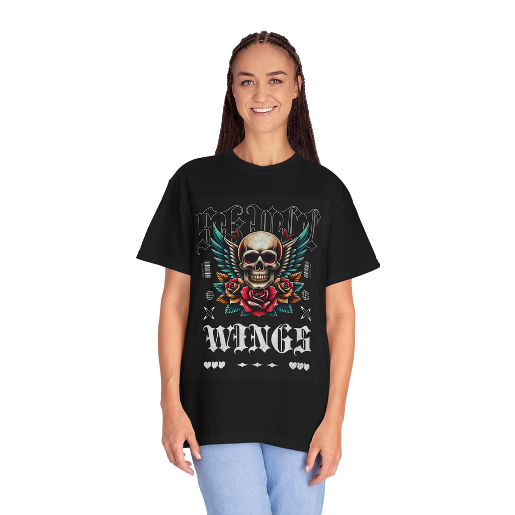 Skull Wings Graphic T-Shirt — Vintage Rock Tattoo Style with Roses