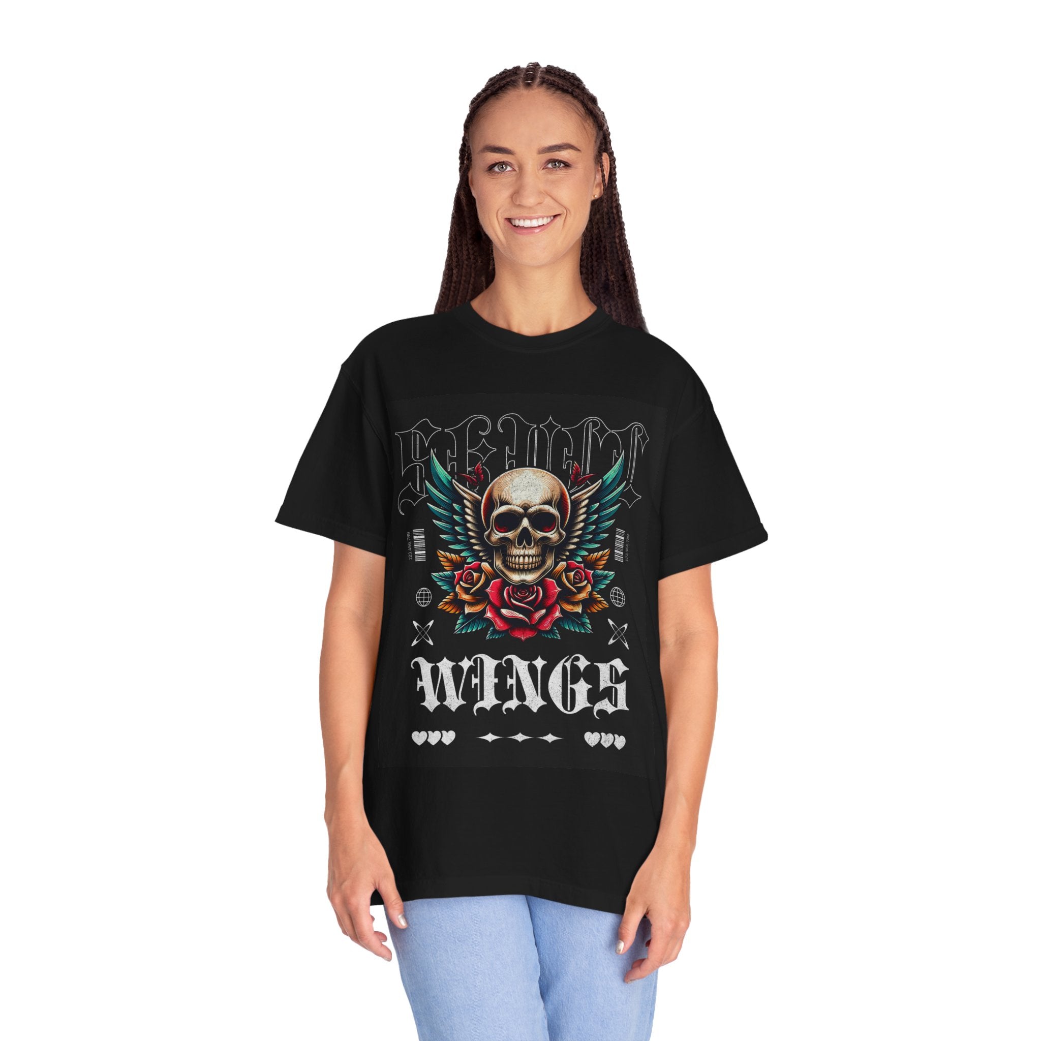 Skull Wings Graphic T-Shirt — Vintage Rock Tattoo Style with Roses