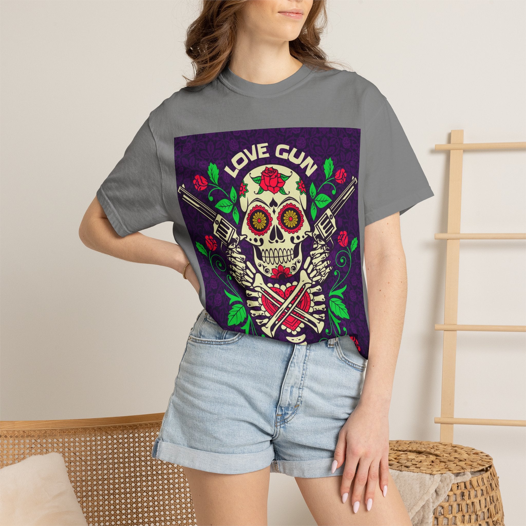 Love Gun Skull T‑Shirt — Day of the Dead Floral Graphic Tee