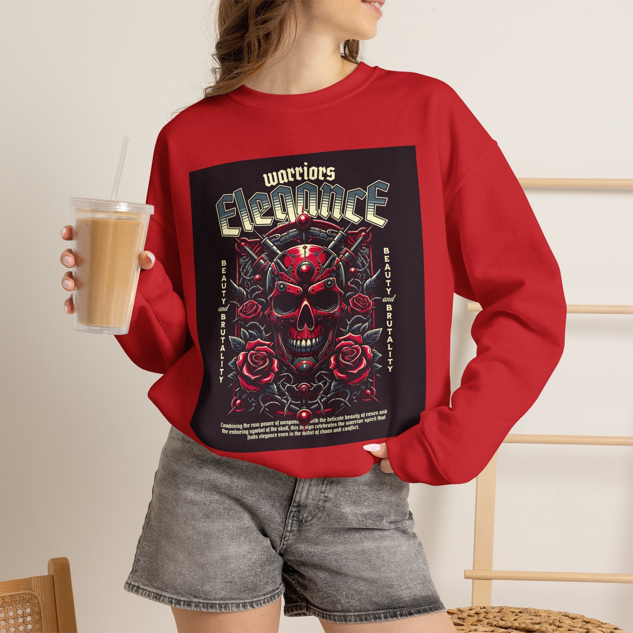 Crewneck Sweatshirt – "Warriors Electric" Skull & Roses Graphic