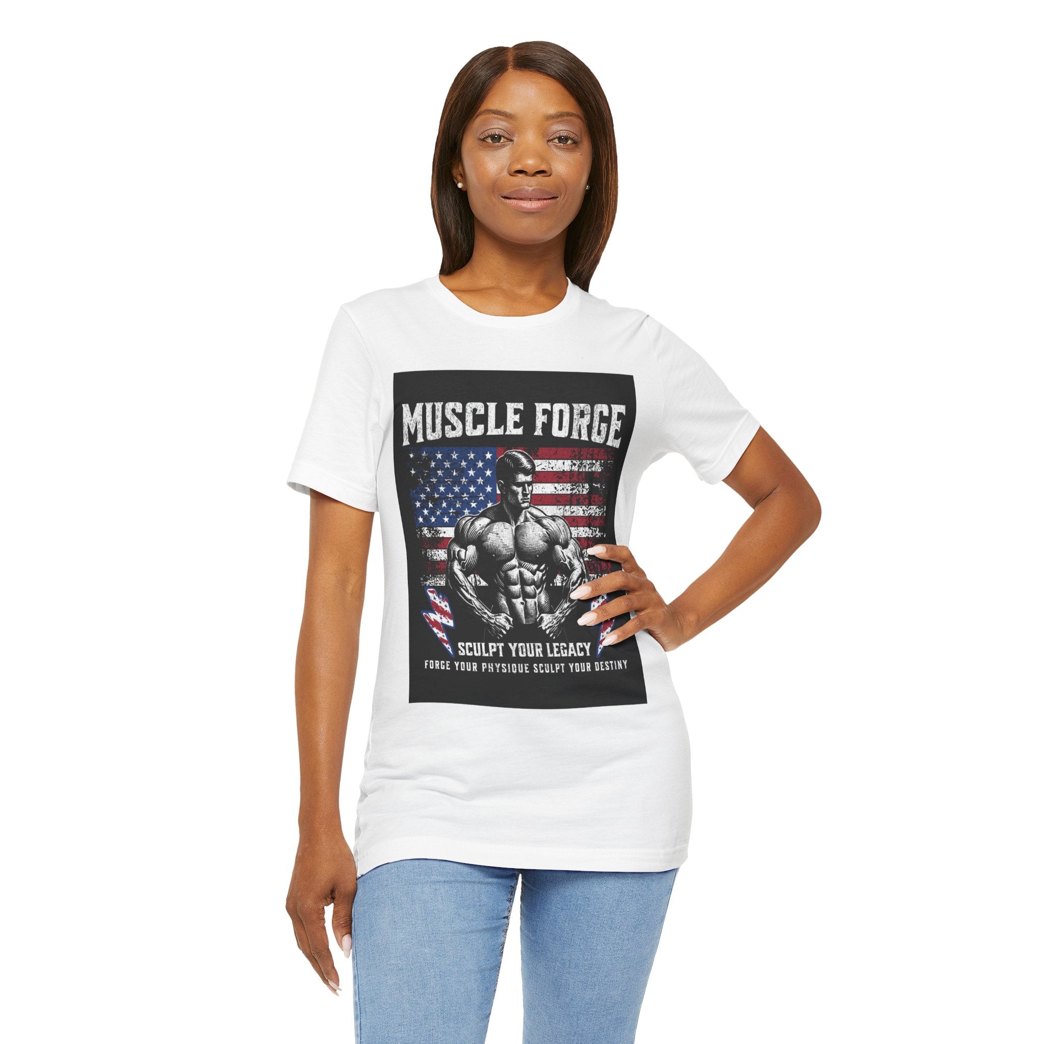 Muscle Forge American Flag Gym Tee — "Sculpt Your Legacy" Fitness T-Shirt