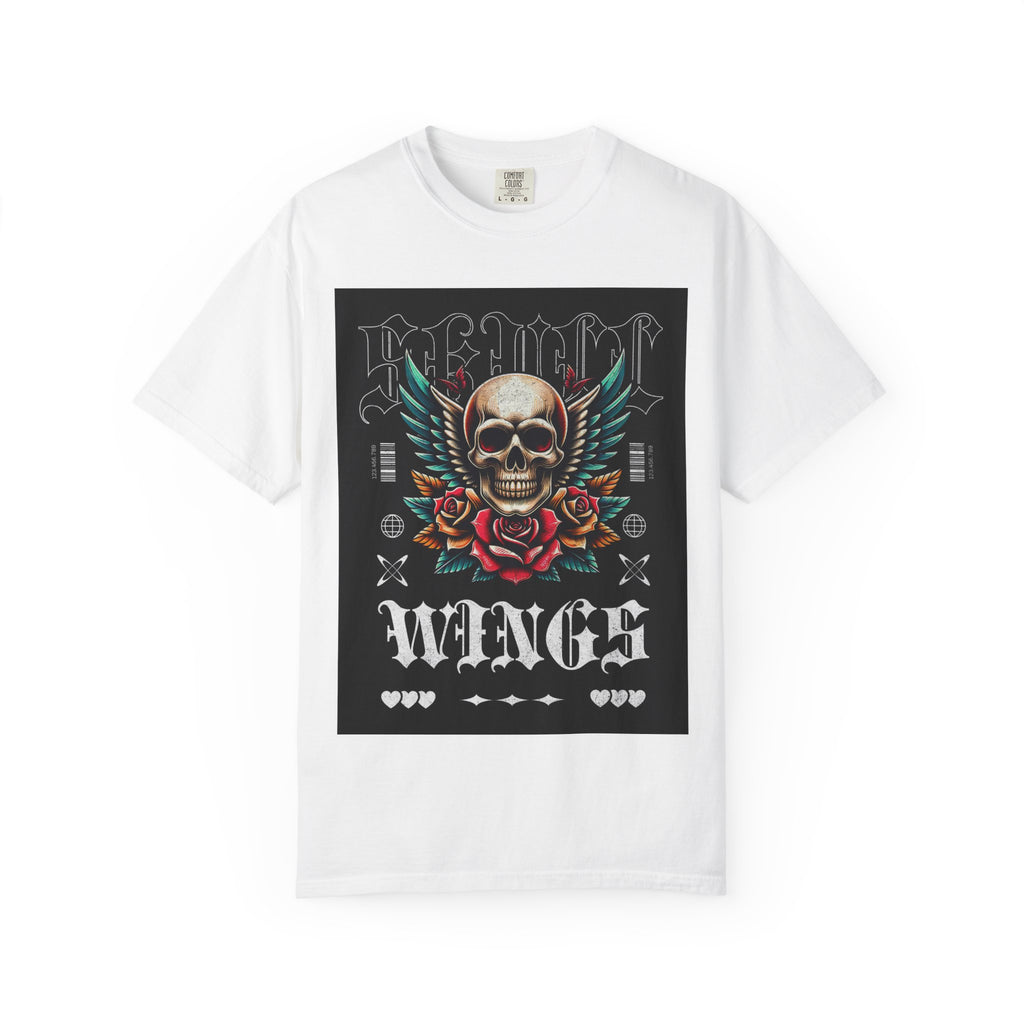 Skull Wings Graphic T-Shirt — Vintage Rock Tattoo Style with Roses