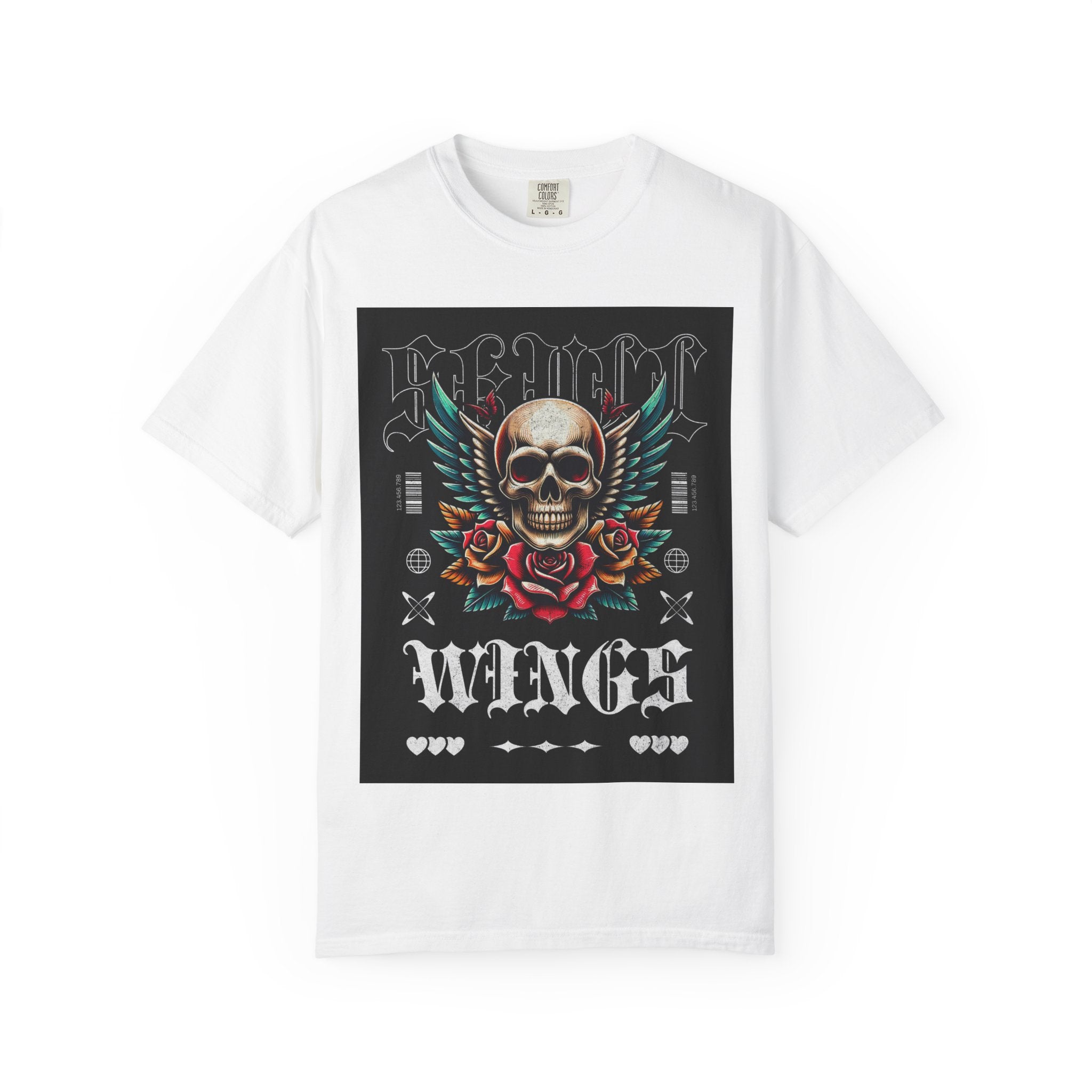 Skull Wings Graphic T-Shirt — Vintage Rock Tattoo Style with Roses