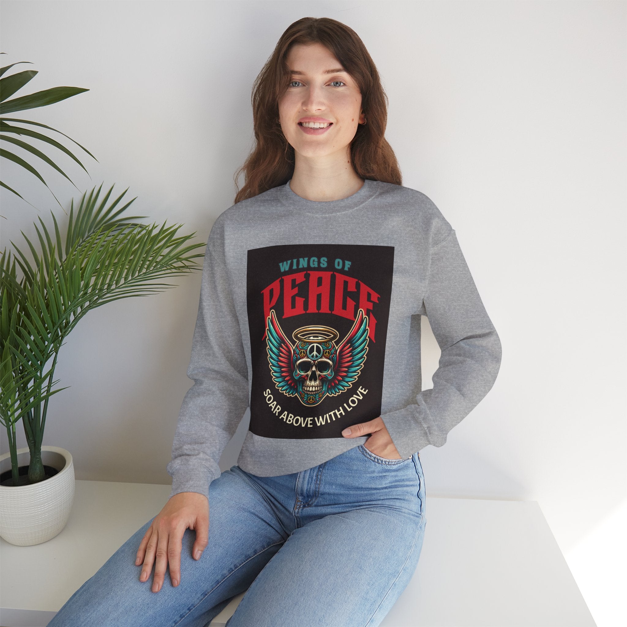 Wings of Peace Skull Crewneck Sweatshirt — Soar Above With Love Graphic