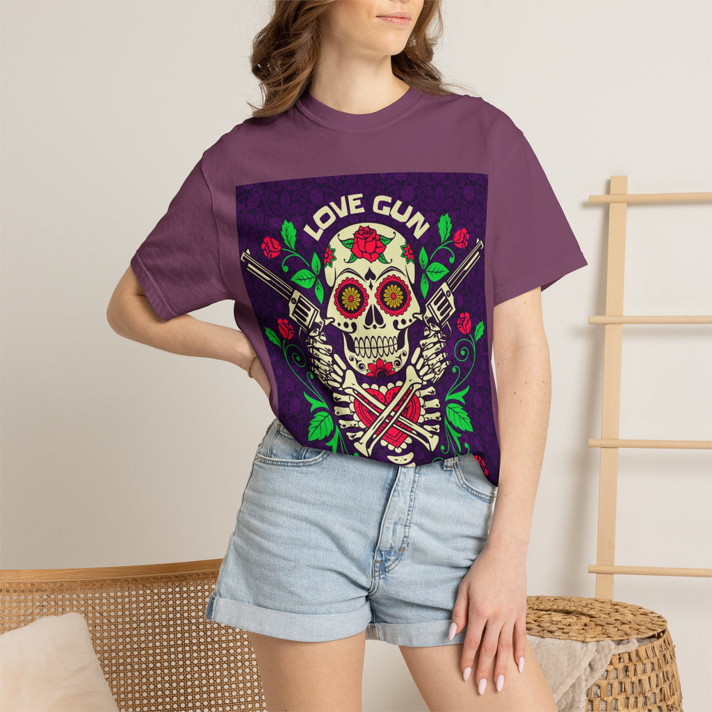 Love Gun Skull T‑Shirt — Day of the Dead Floral Graphic Tee