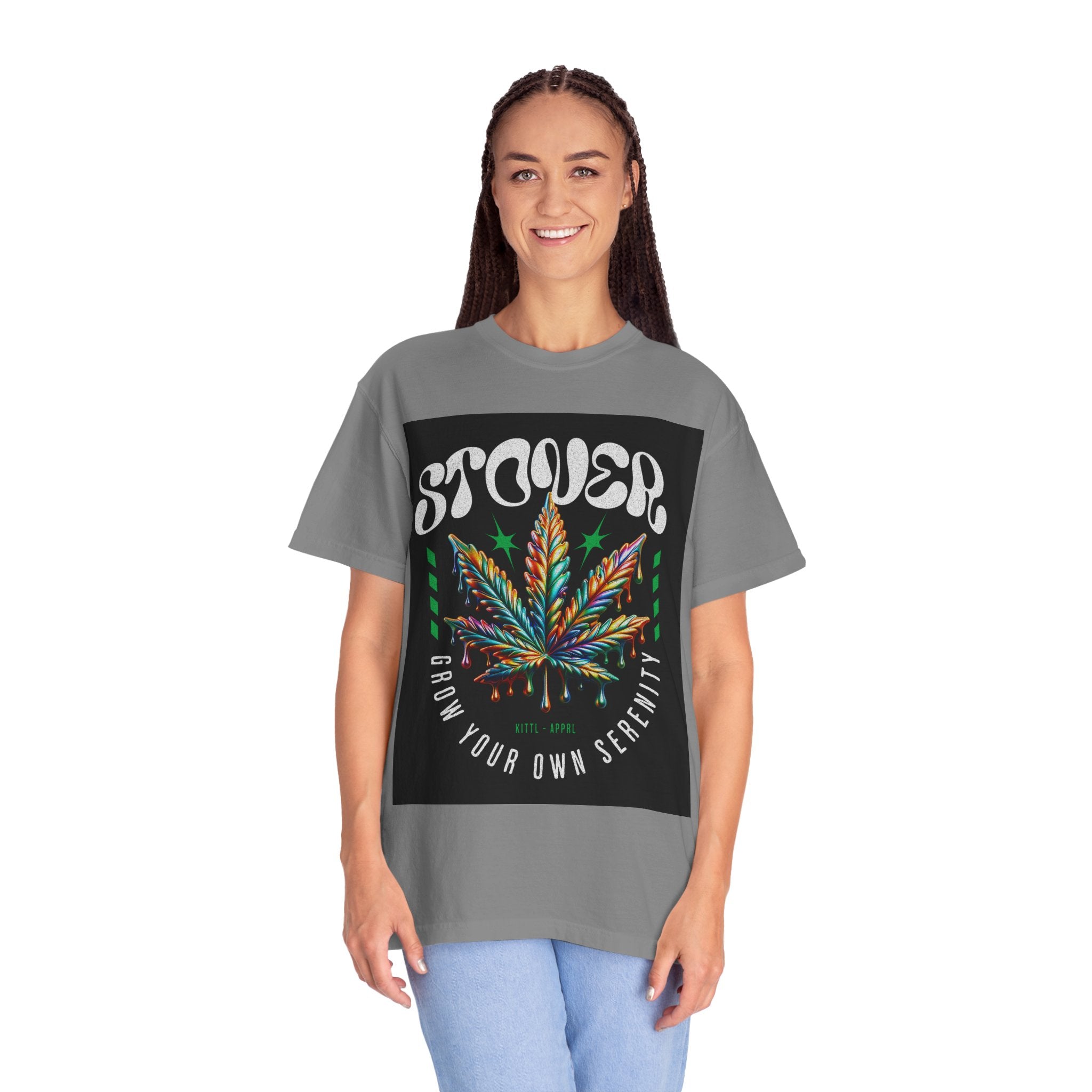 T-Shirt — Stover "Grow Your Own Serenity" Colorful Cannabis Leaf Graphic