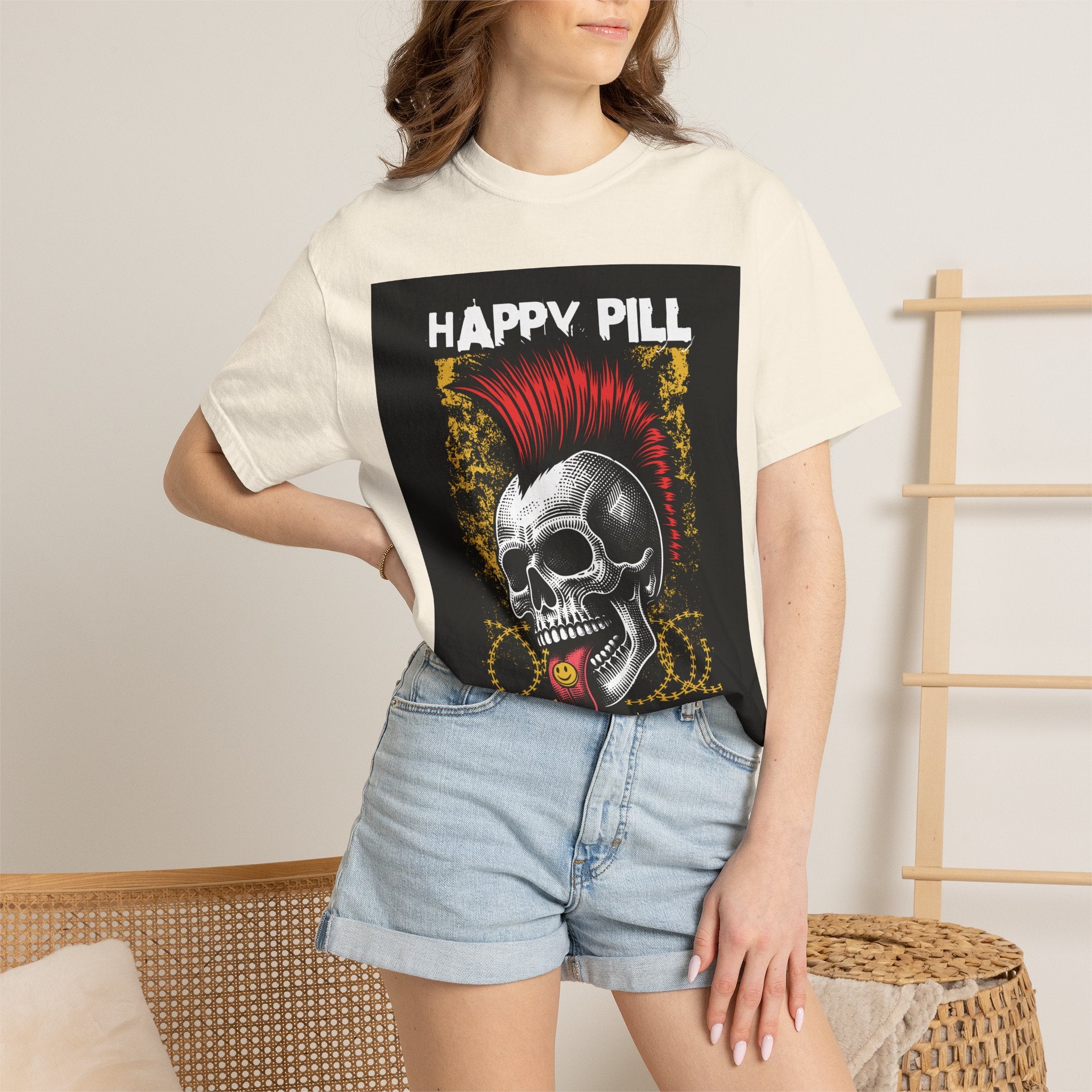 Happy Pill Punk Skull T-Shirt — 'Happy Pill Medication' Graphic Tee