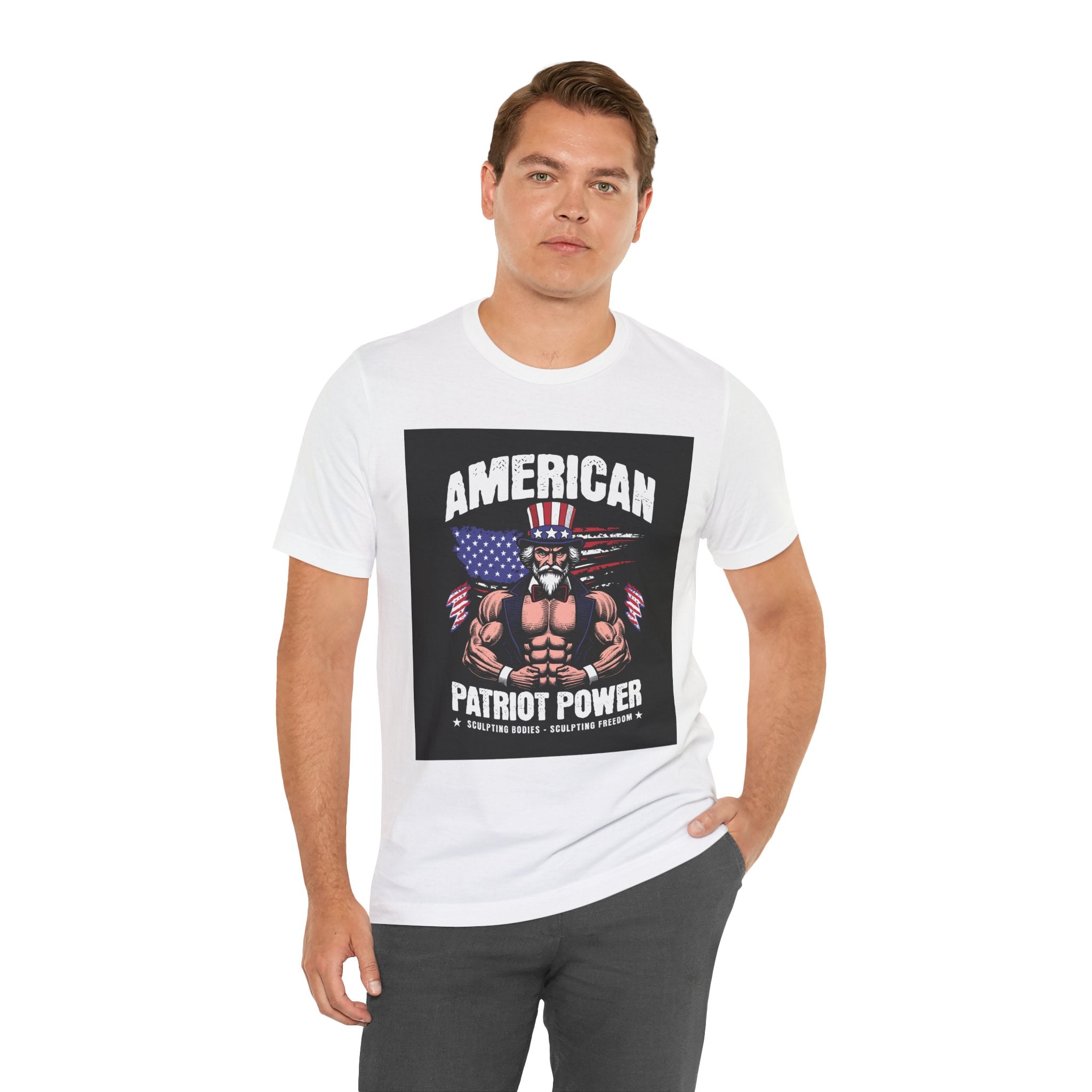 Patriot Power T-Shirt — American Flag Uncle Sam Muscle Graphic Tee