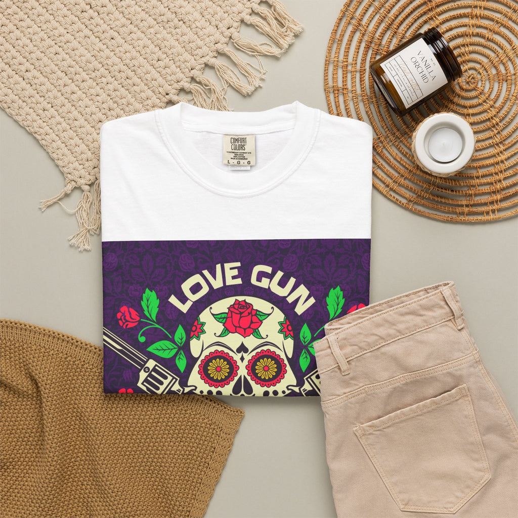 Love Gun Skull T‑Shirt — Day of the Dead Floral Graphic Tee