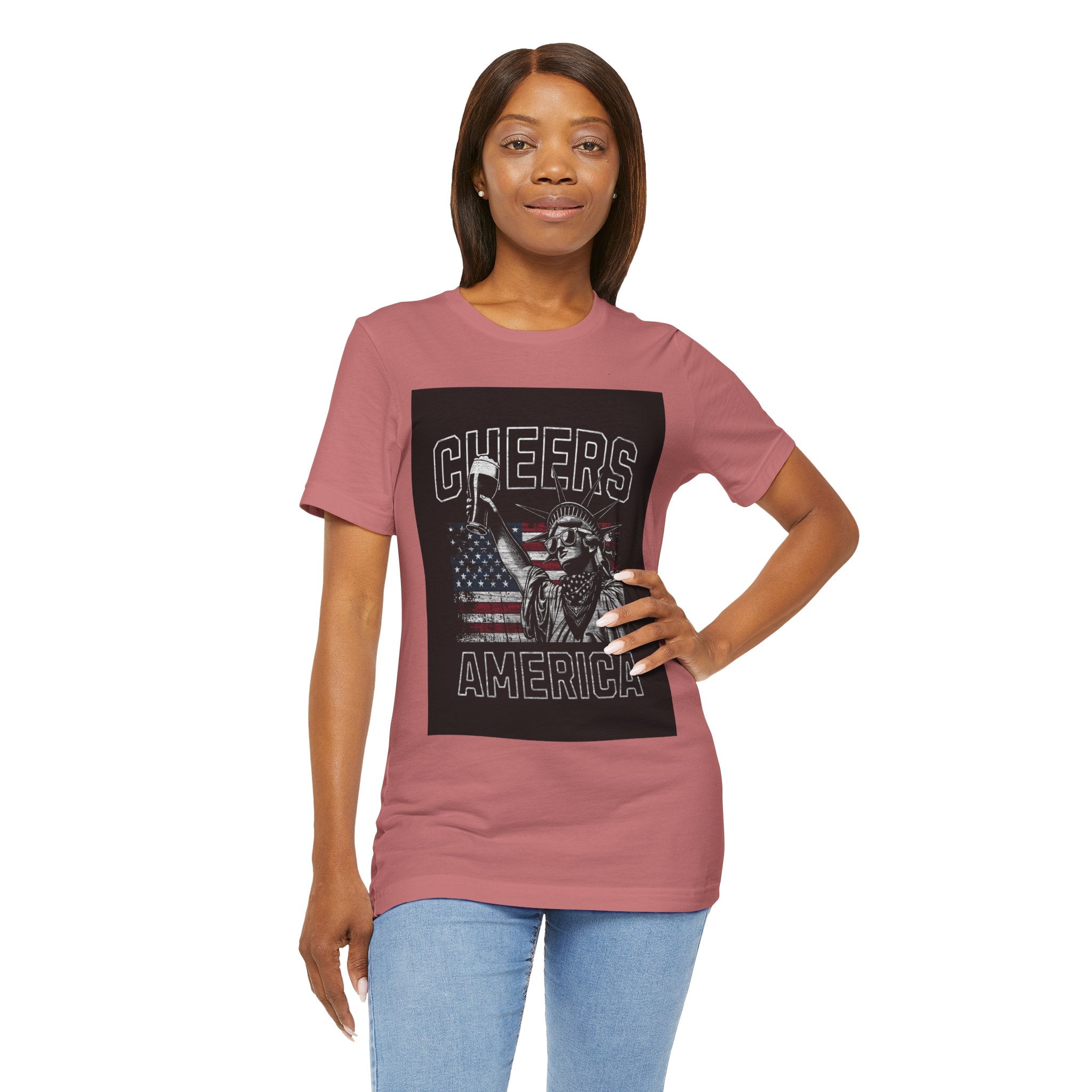 Cheers America T-Shirt — Statue of Liberty Holding Beer & Flag Patriotic Tee