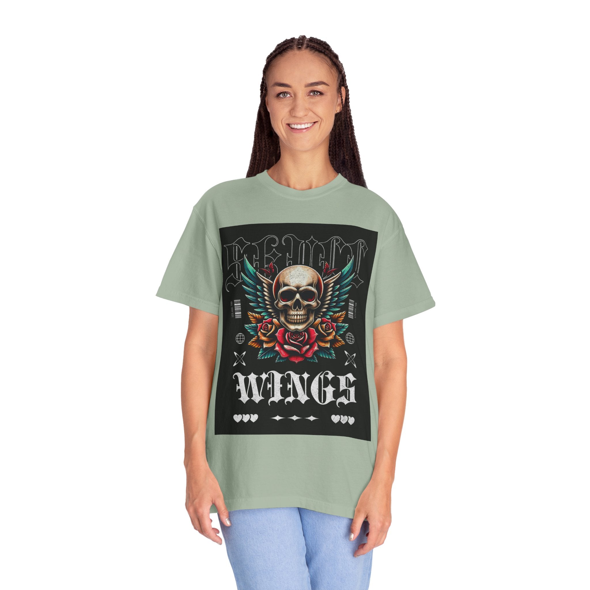Skull Wings Graphic T-Shirt — Vintage Rock Tattoo Style with Roses