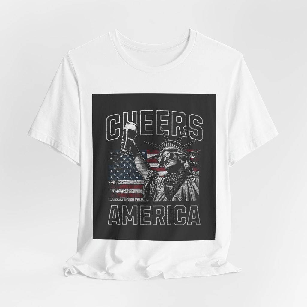 Cheers America T-Shirt — Statue of Liberty Holding Beer & Flag Patriotic Tee