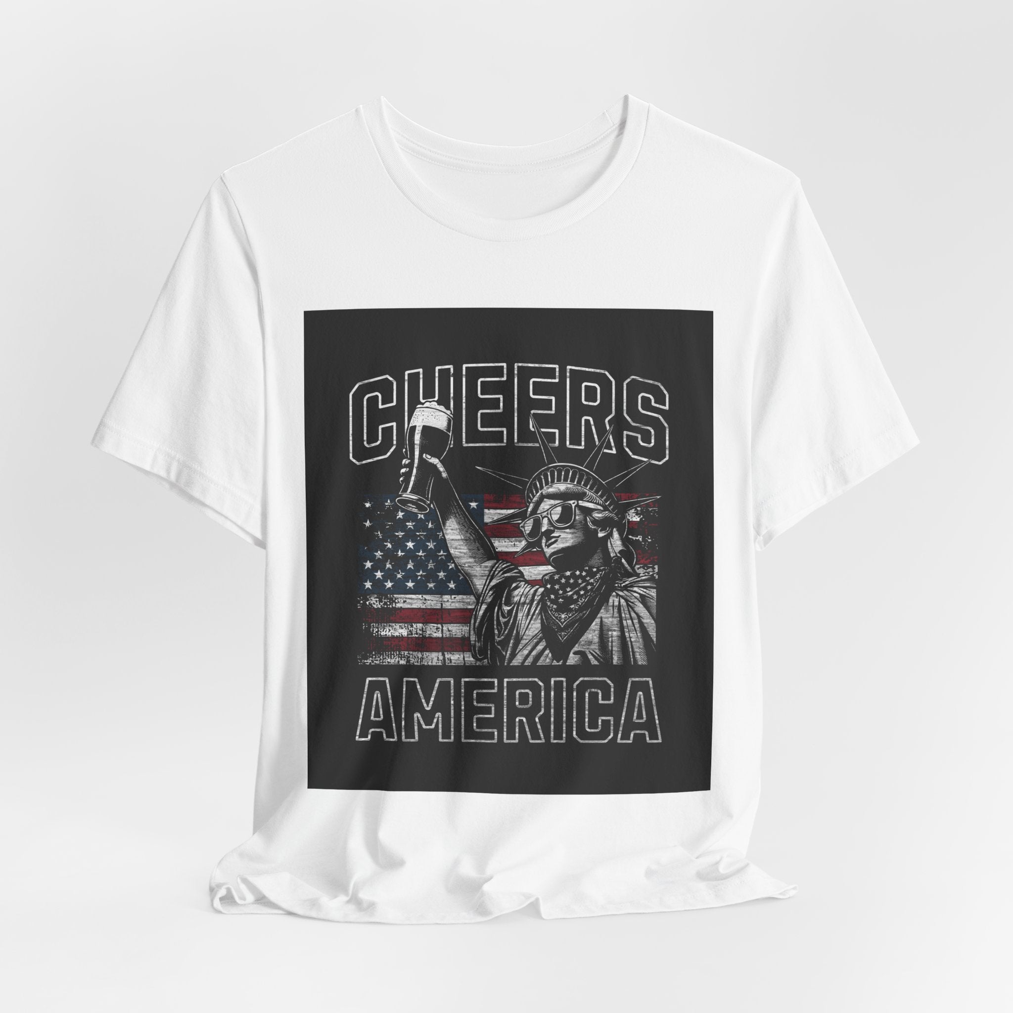 Cheers America T-Shirt — Statue of Liberty Holding Beer & Flag Patriotic Tee