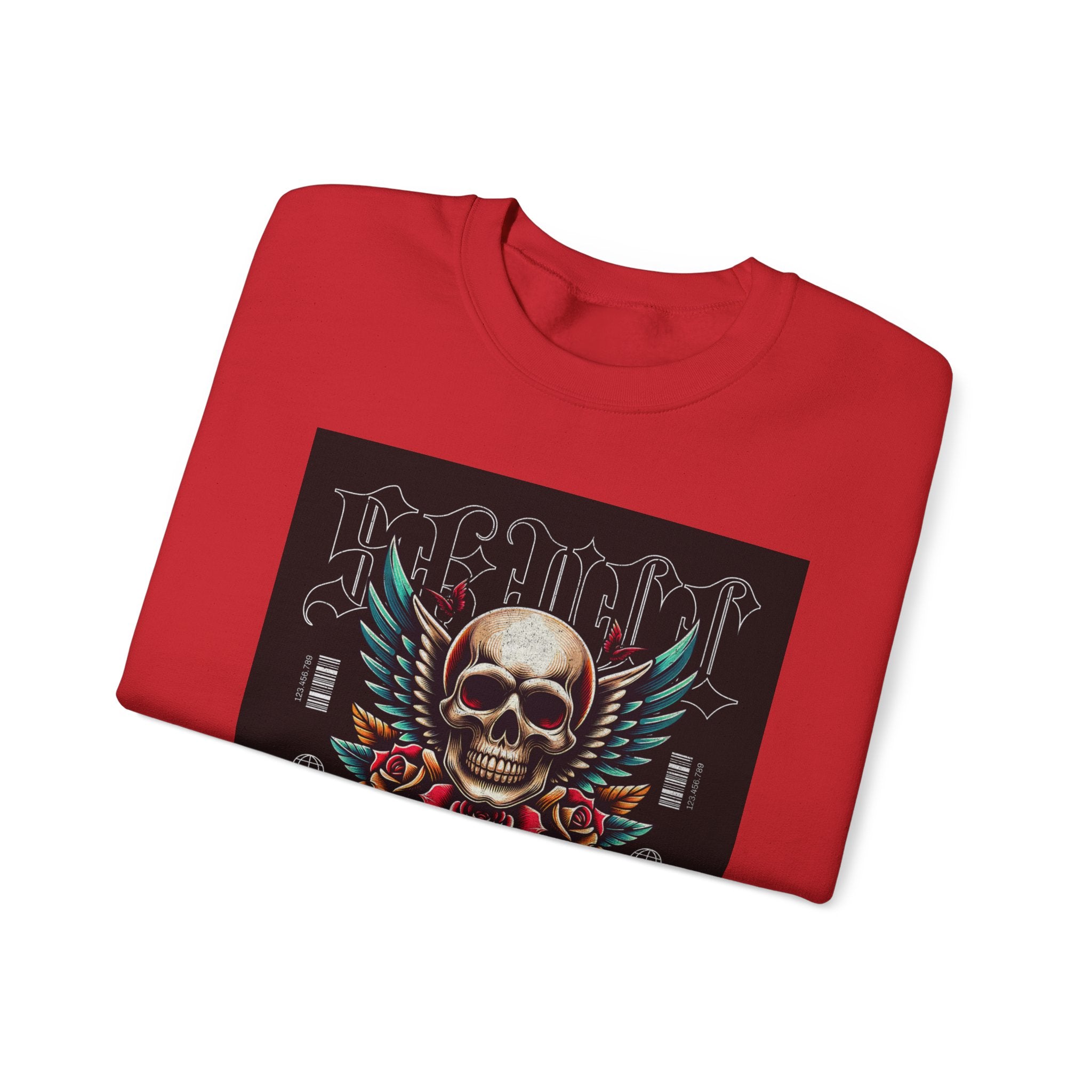 Skull Wings Crewneck Sweatshirt — Vintage Tattoo Skull with Rose Graphic