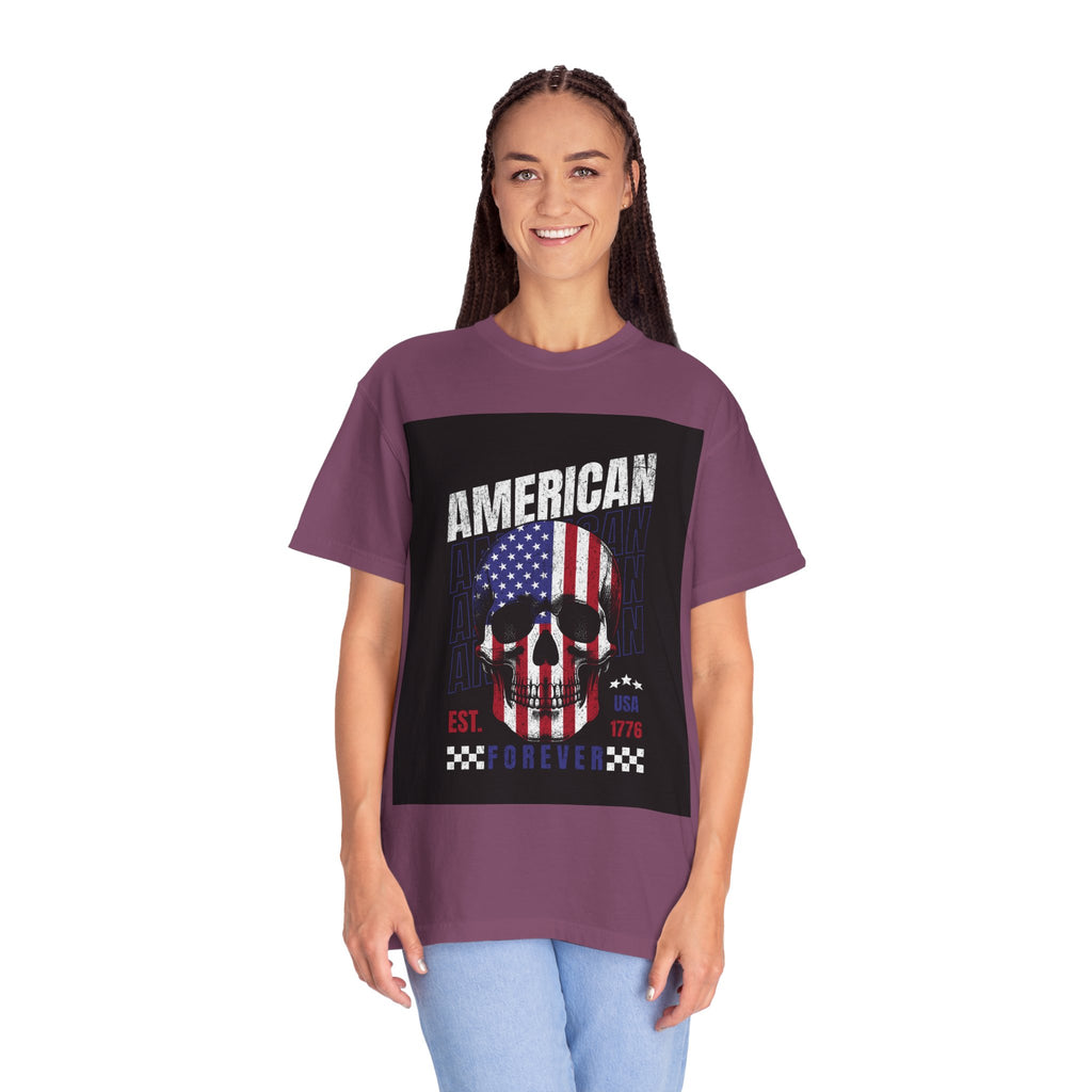 American Skull Flag T-Shirt — "American Forever" Patriotic Graphic Tee