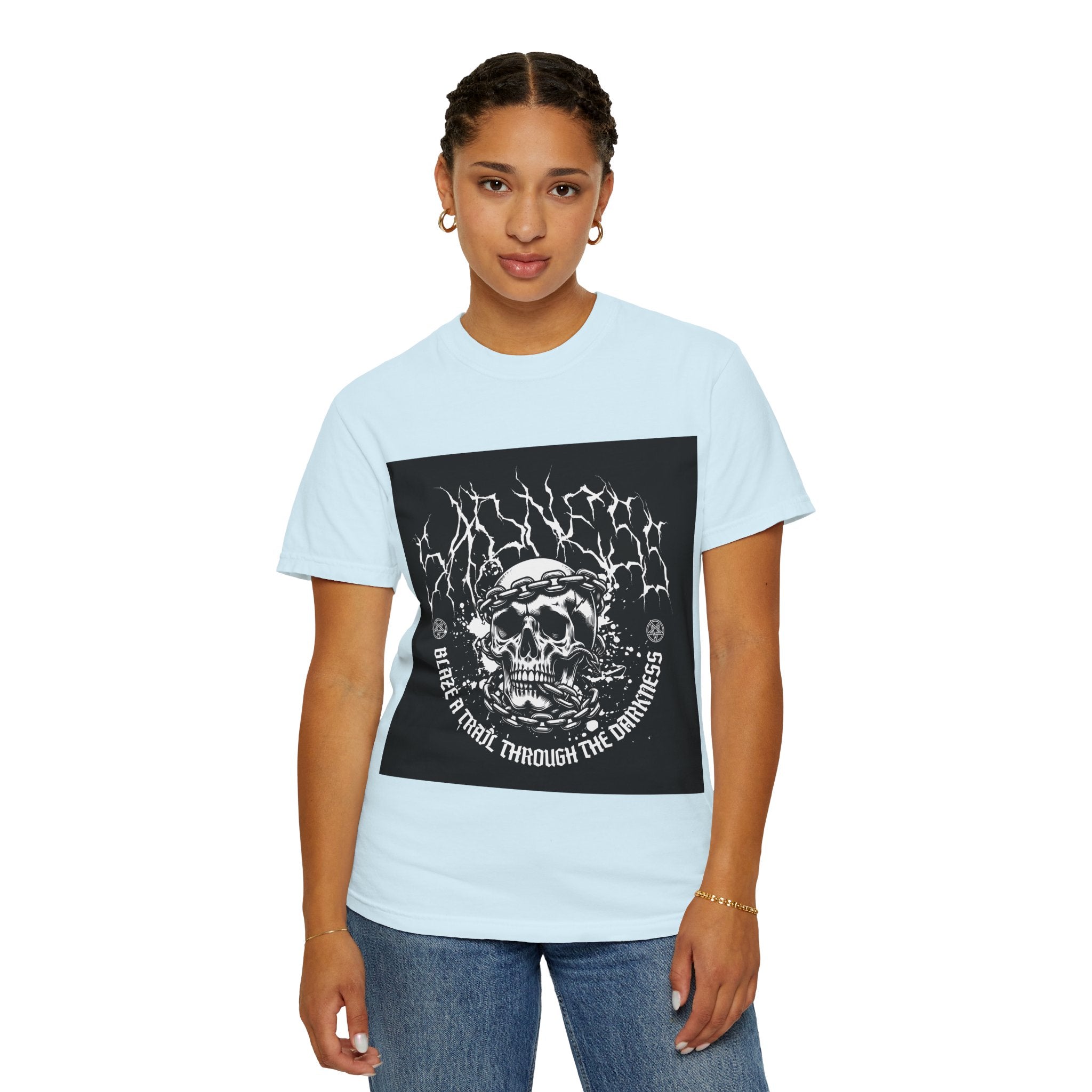 Graphic T-Shirt — 'Break a Path Through the Darkness' Skull Lightning Design
