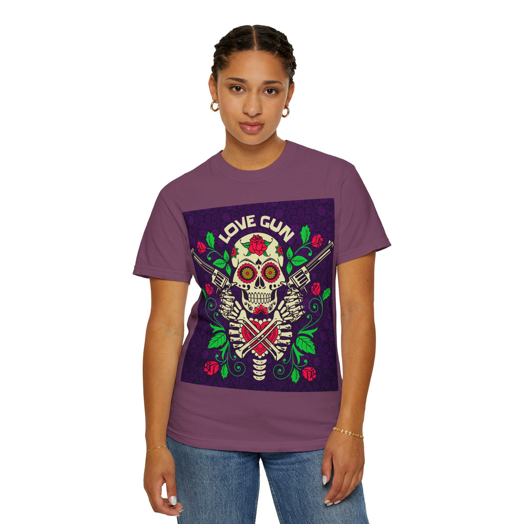 Love Gun Skull T‑Shirt — Day of the Dead Floral Graphic Tee