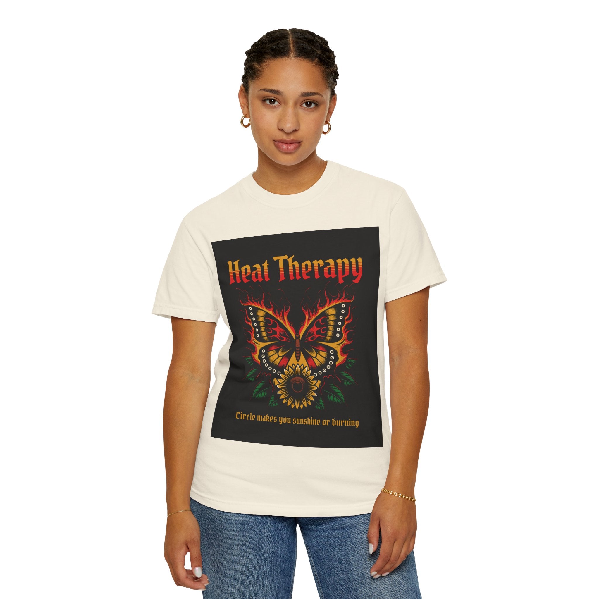 Heat Therapy Butterfly T-Shirt — Retro Floral Sunflower Design