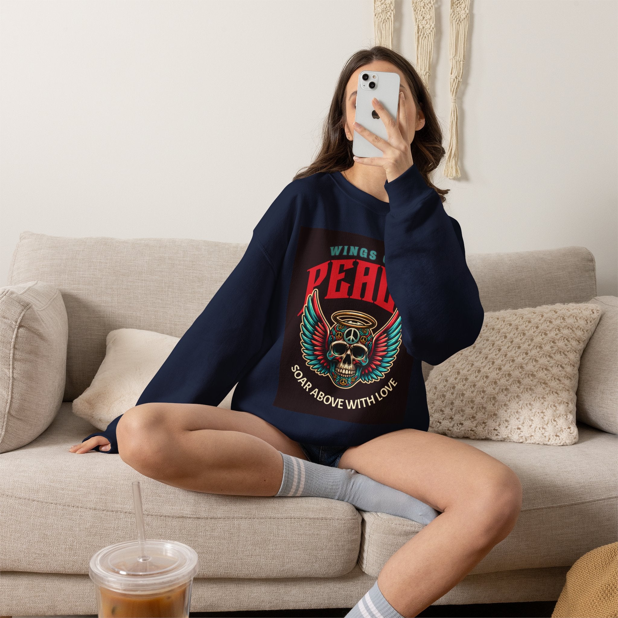 Wings of Peace Skull Crewneck Sweatshirt — Soar Above With Love Graphic