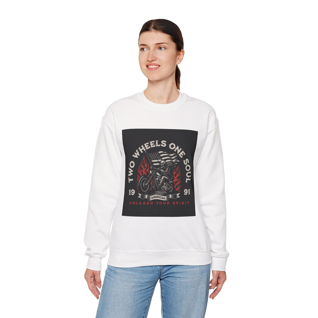 Motorcycle Crewneck Sweatshirt - "Two Wheels One Soul" Vintage Bike Graphic